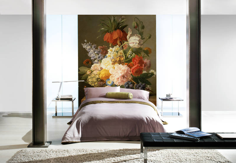             Stilleven met bloemen en vruchten" muurschildering van Jan van Dael
        