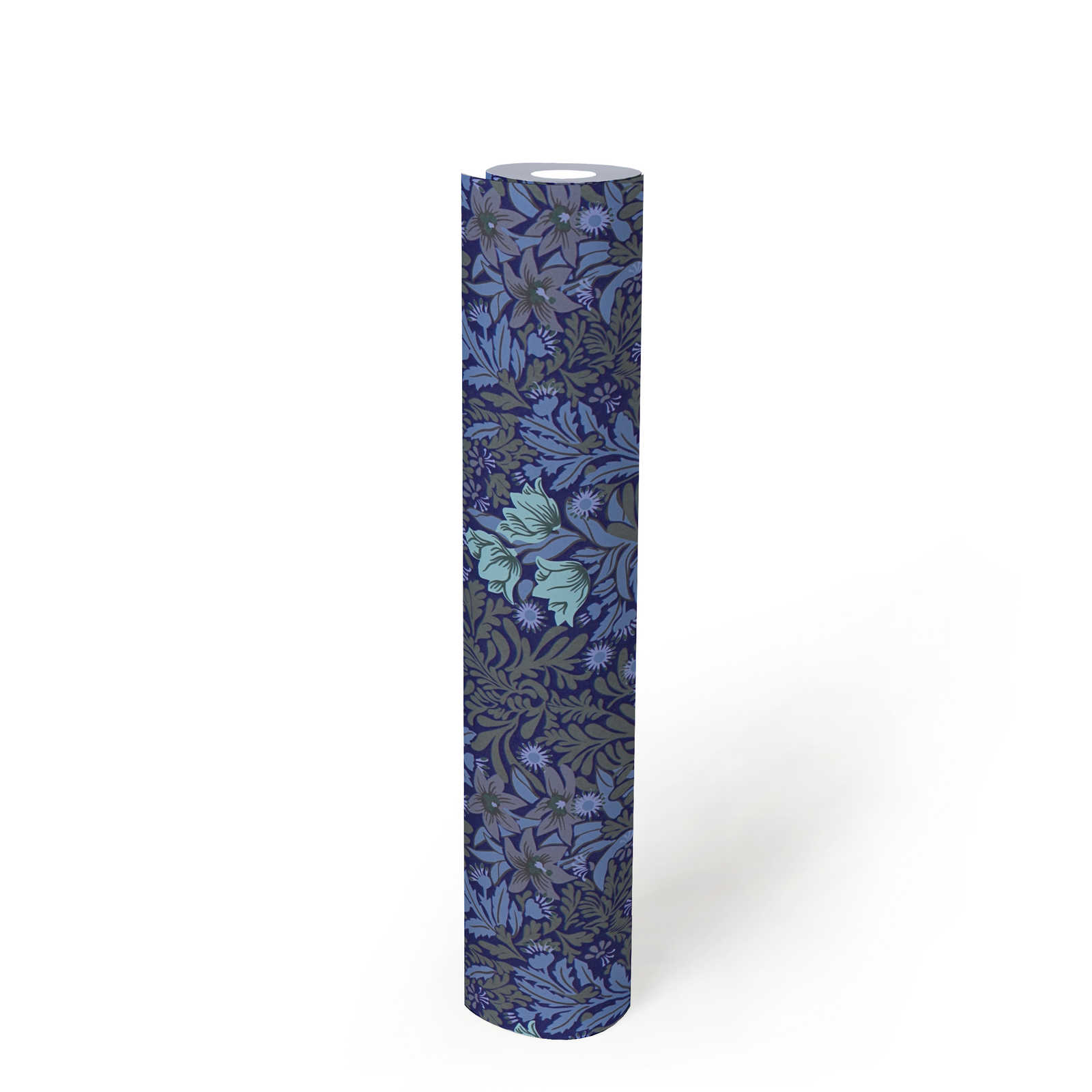             Floral non-woven wallpaper with leaf tendrils and flowers - blue, grey, green
        