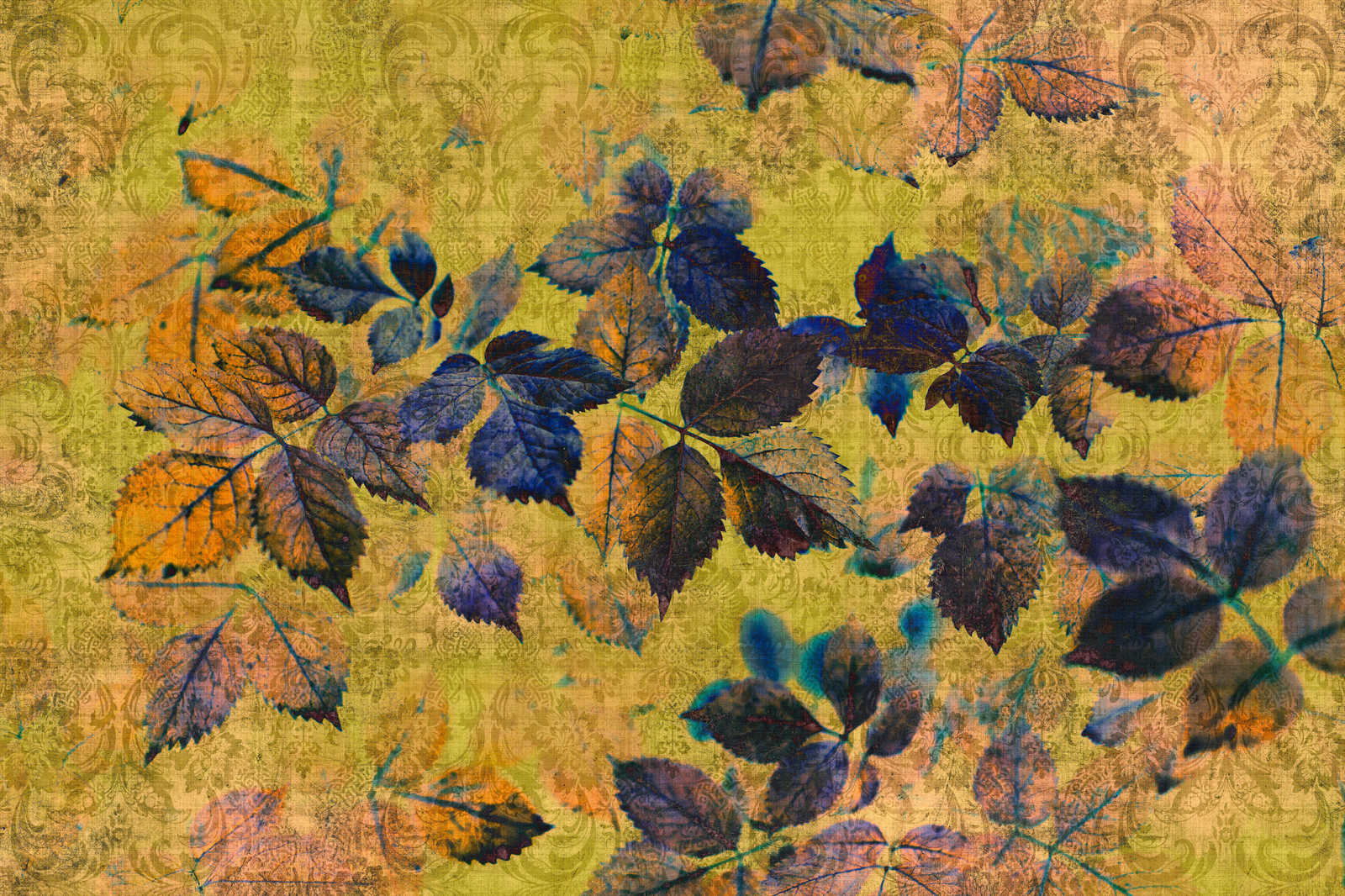            Indian summer 1 - Canvas schilderij met bladeren en ornamenten in natuurlijk linnen structuur - 0.90 m x 0.60 m
        