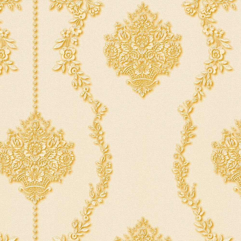             Ornamenteel behang met bloemenpatroon & ranken - crème, goud
        