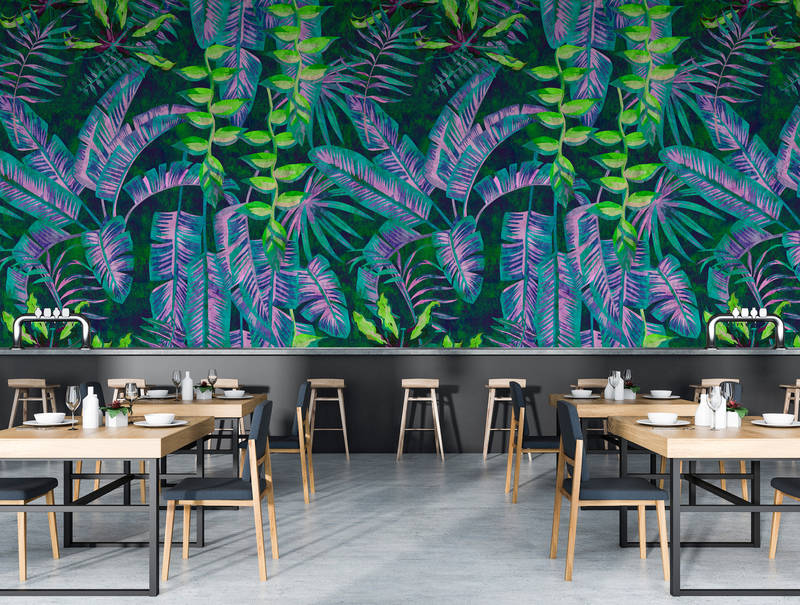             Tropicana 5 - Jungle behang met neonkleuren in vloeipapierstructuur - Blauw, Groen | Parelmoer glad vlies
        