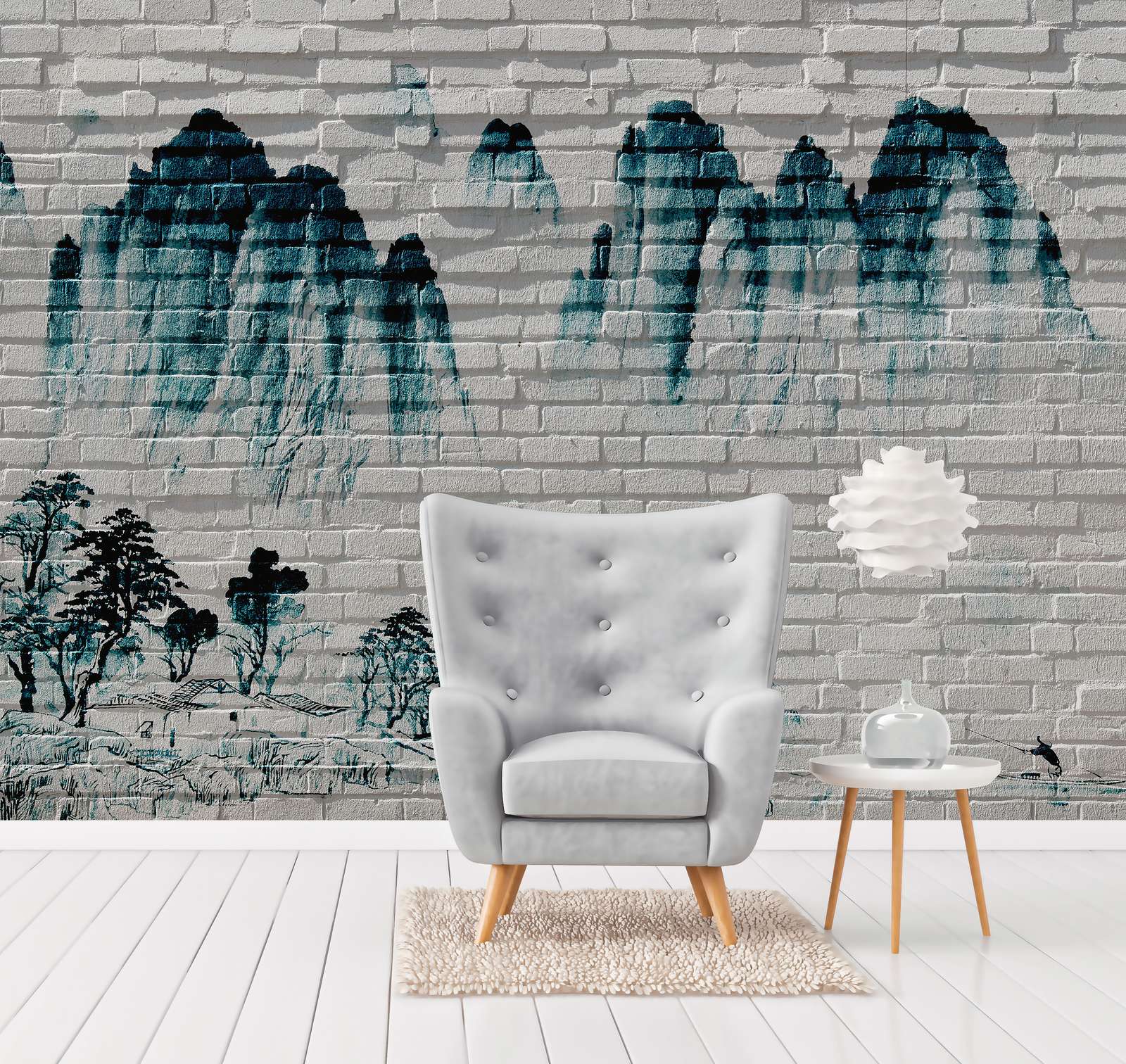             Digital behang Bergen op Bakstenen Muur - Blauw, Wit
        
