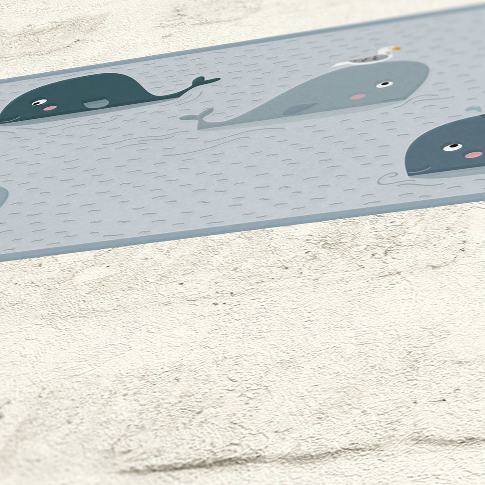             Bordure autocollante pour chambre d'enfant "Famille de baleines se baignant" - Gris, bleu
        