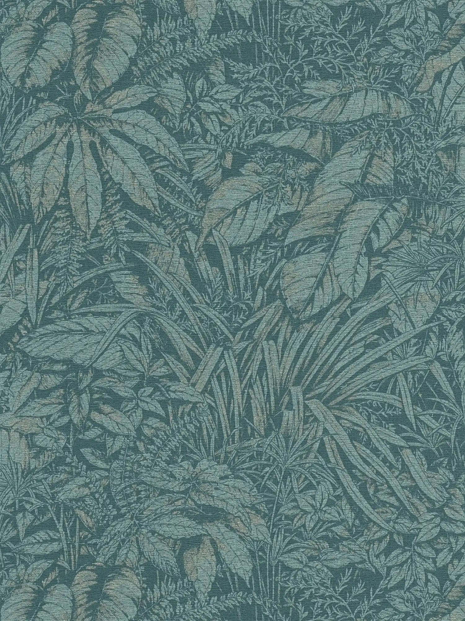 Papel pintado tejido-no tejido floral con motivo de hojas de palmera - azul, petróleo, plata
