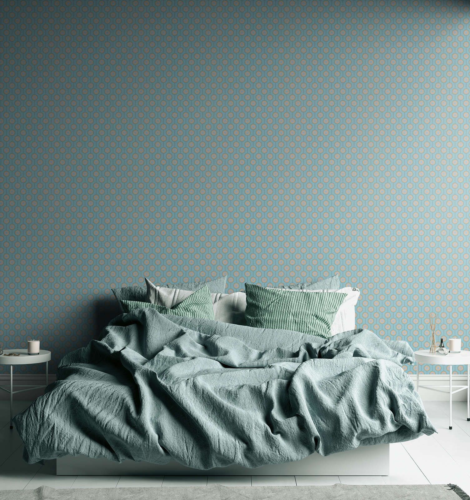            Papel pintado no tejido de textura ligera con motivos circulares retro - turquesa, azul, beige
        