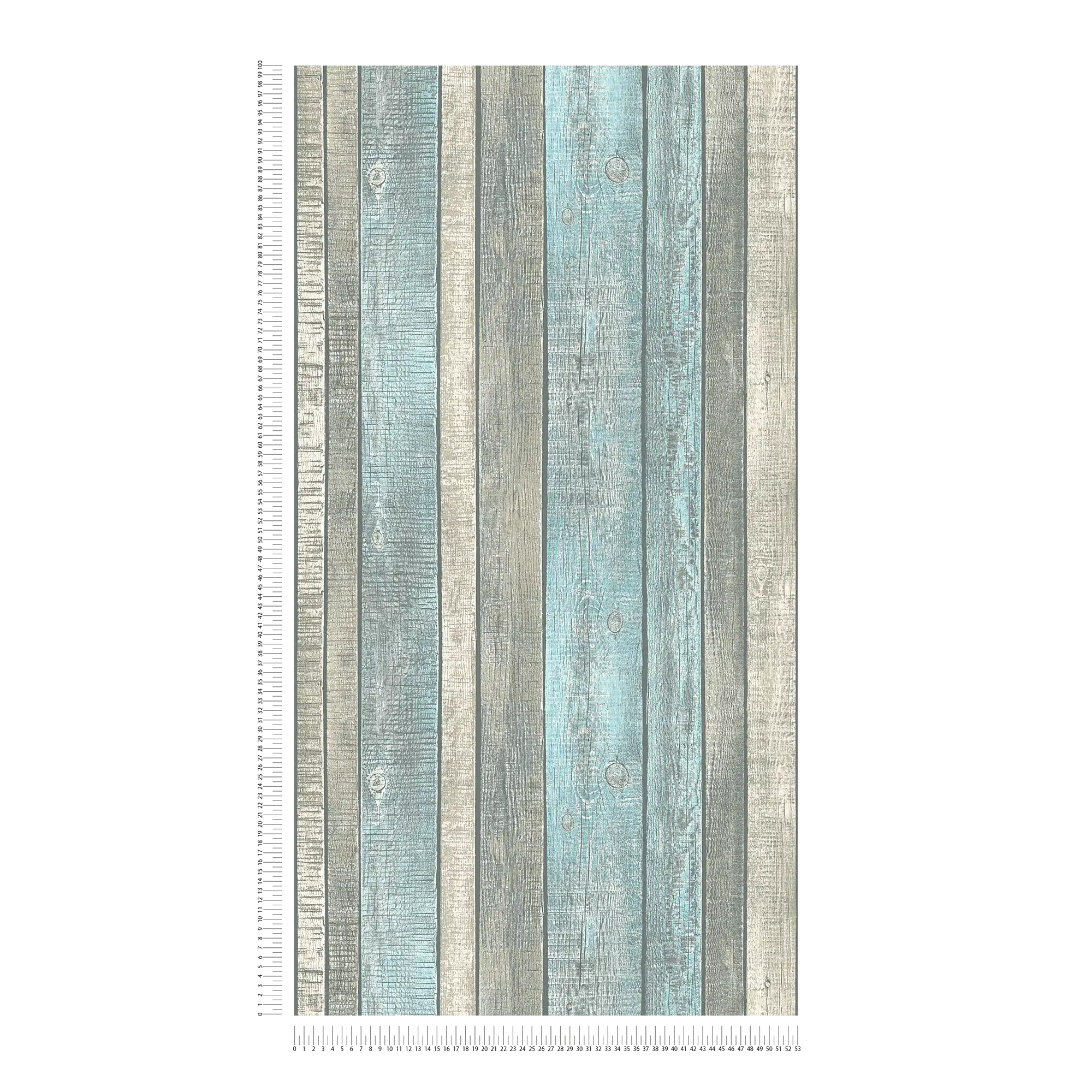             Papel pintado con aspecto de madera con tablas y grano rústico - azul, gris, crema
        