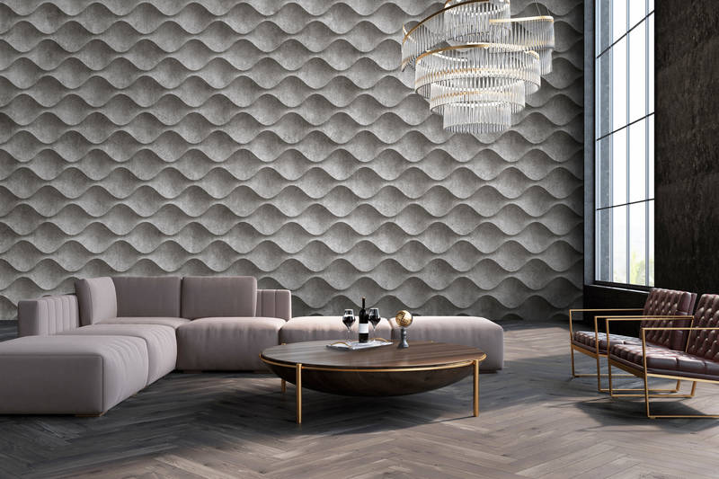             Concrete 1 - Cool 3D Concrete Waves Wallpaper - Grijs, Zwart | Pearl Smooth Vliesbehang
        