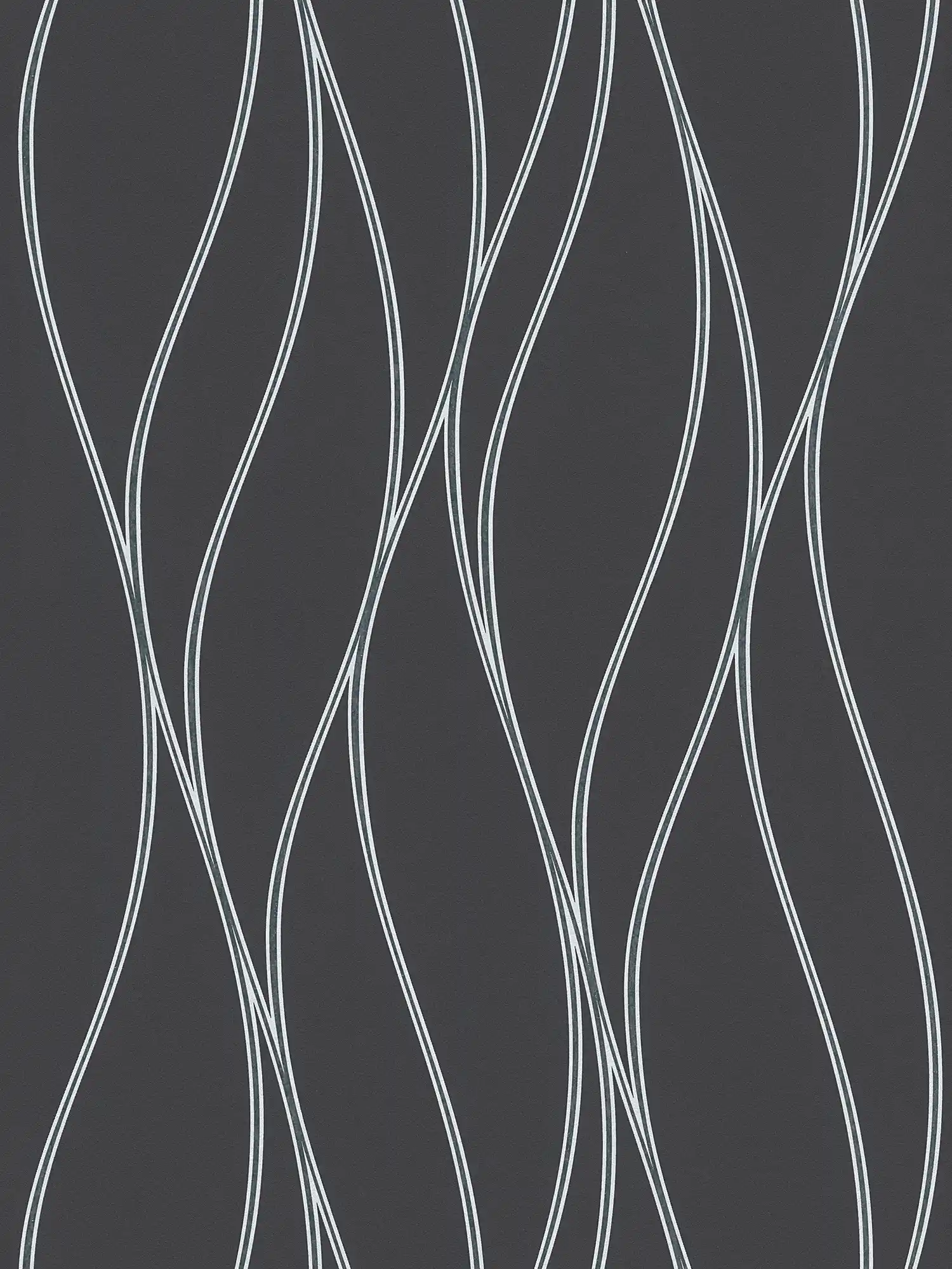 Wallpaper wavy lines vertical, metallic effect - black, silver, grey
