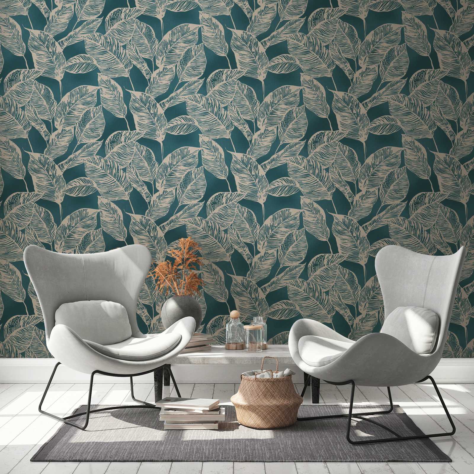             Non-woven wallpaper with leaf pattern PVC-free - Blue, Brown
        
