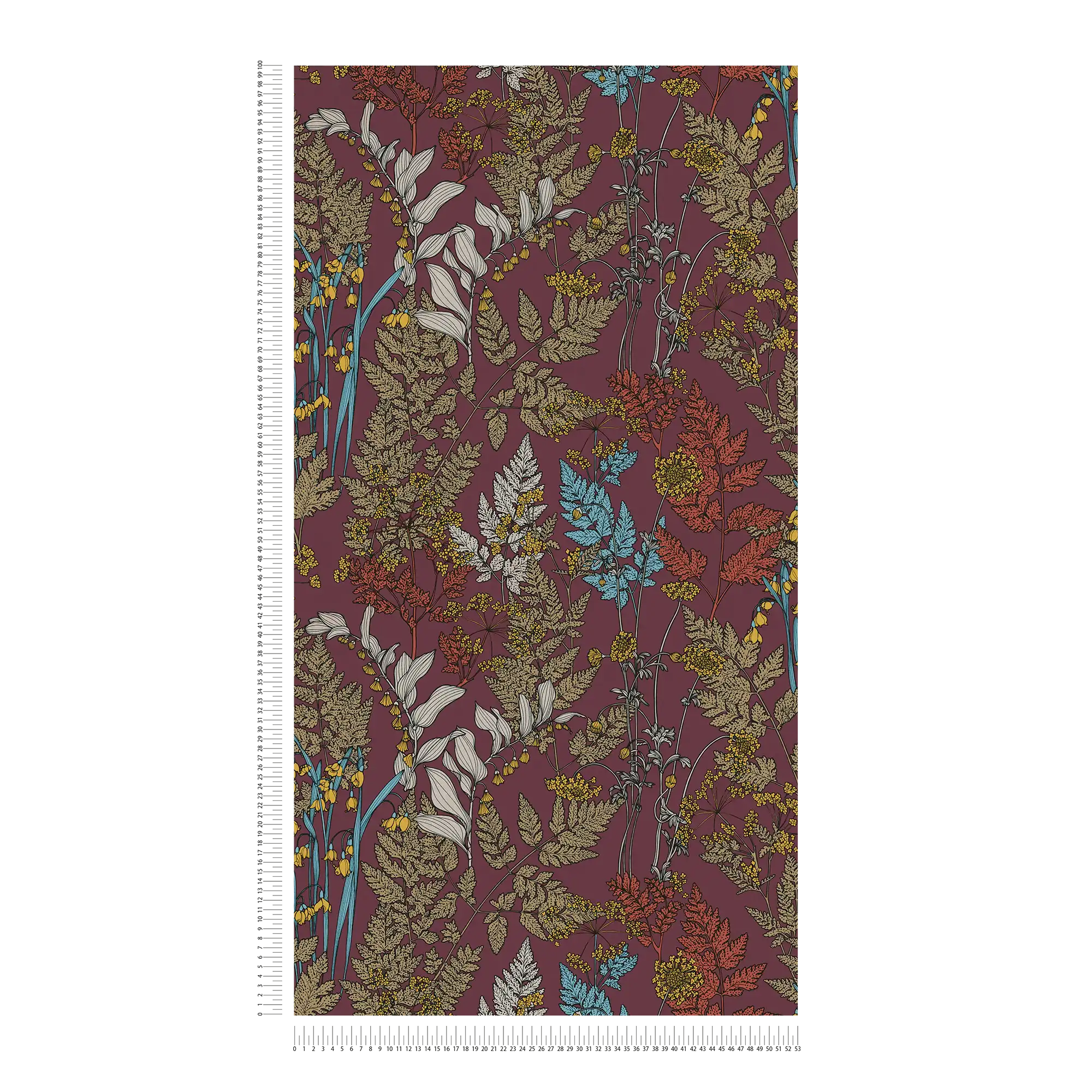             Purple wallpaper with colourful leaves & flowers design - red, yellow, blue
        
