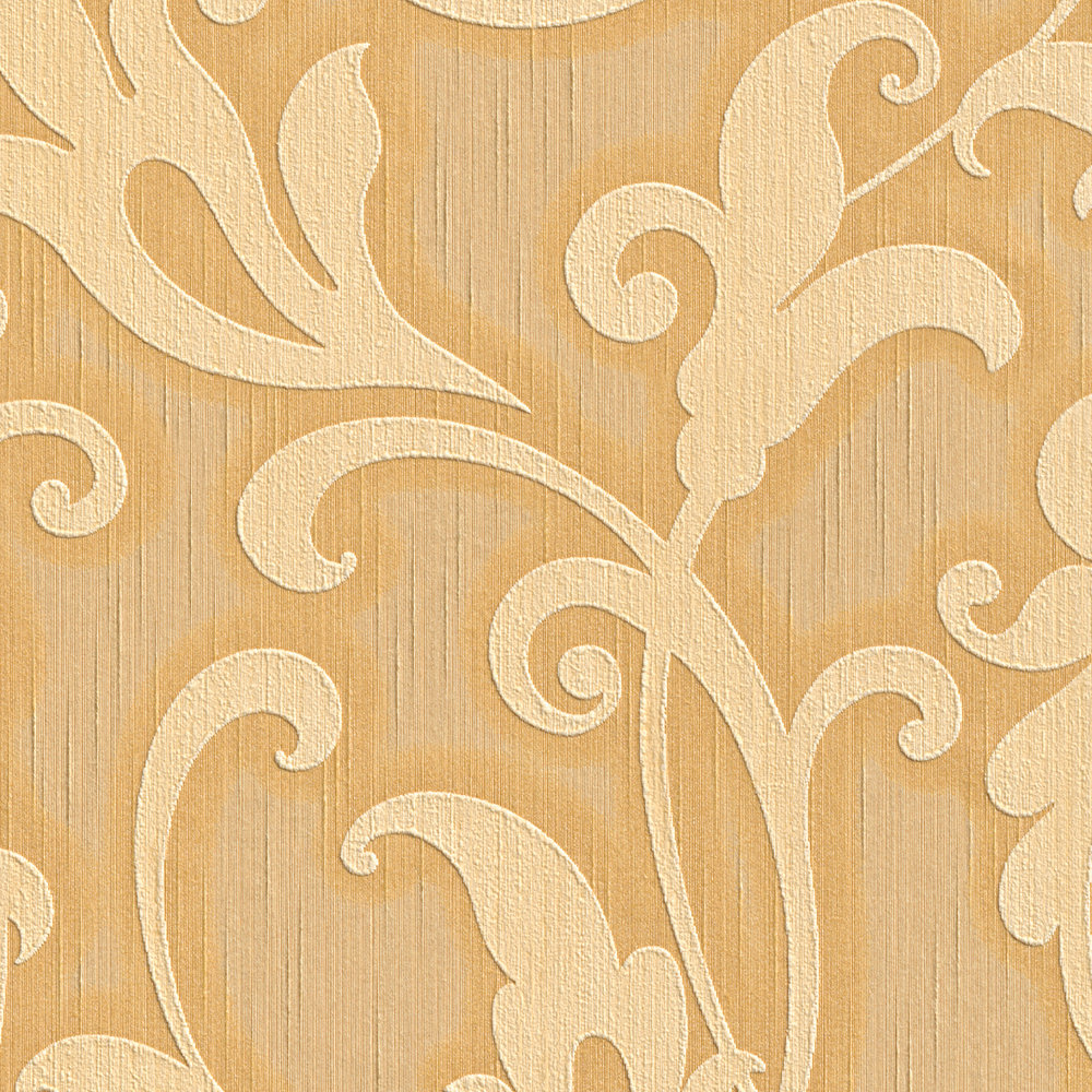             Papel pintado ornamental con estructura textil y estampado en relieve - amarillo, metálico
        