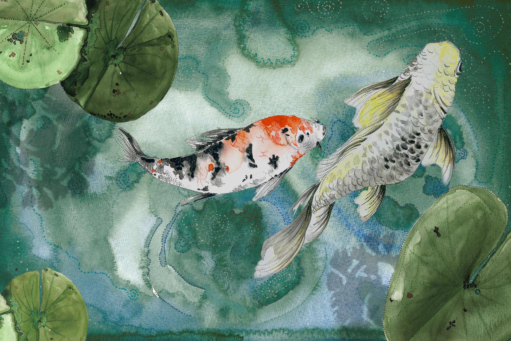            Koi watercolour style mural on mother of pearl smooth vinyl
        
