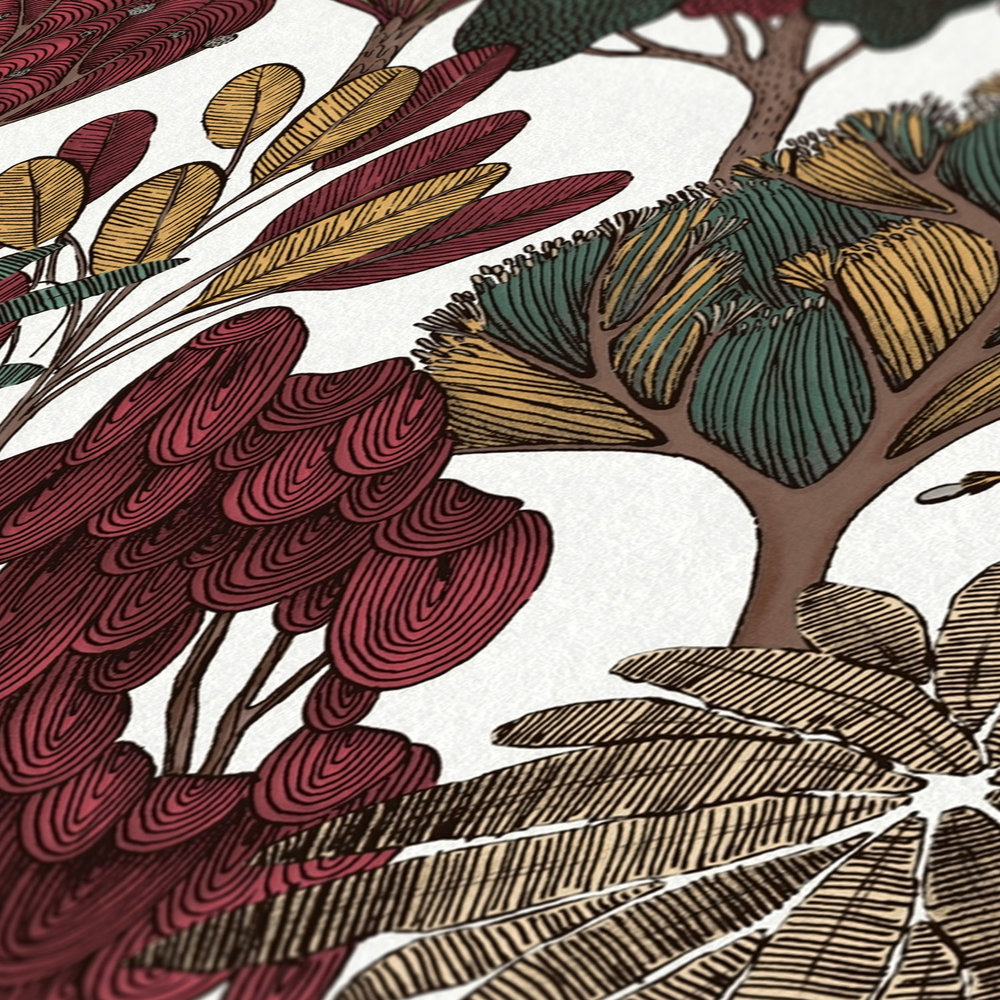             Papier peint moderne floral avec des arbres de style dessin - rouge, beige, marron
        