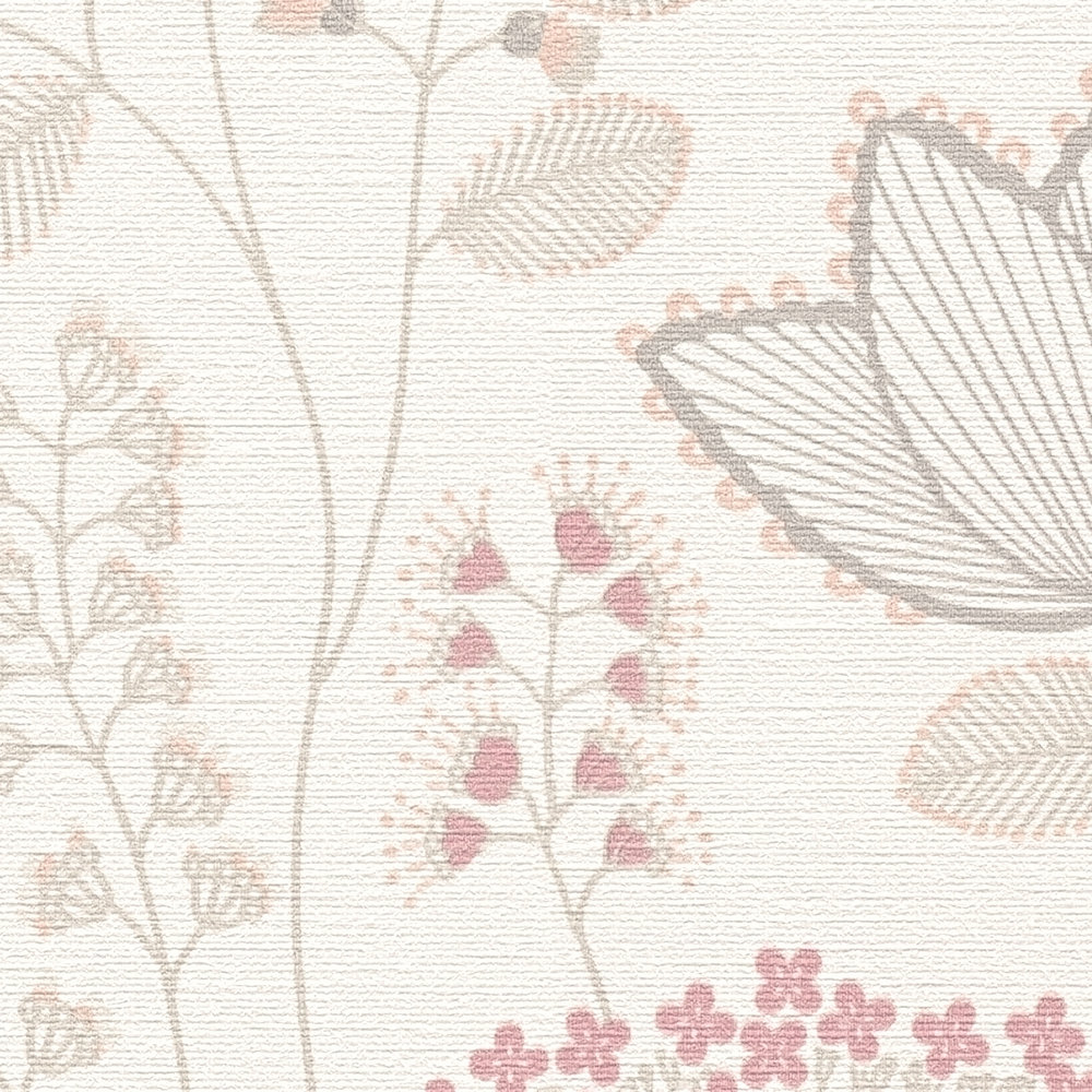             papier peint en papier floral avec des feuilles au design rétro légèrement structuré, mat - blanc, taupe, rose
        