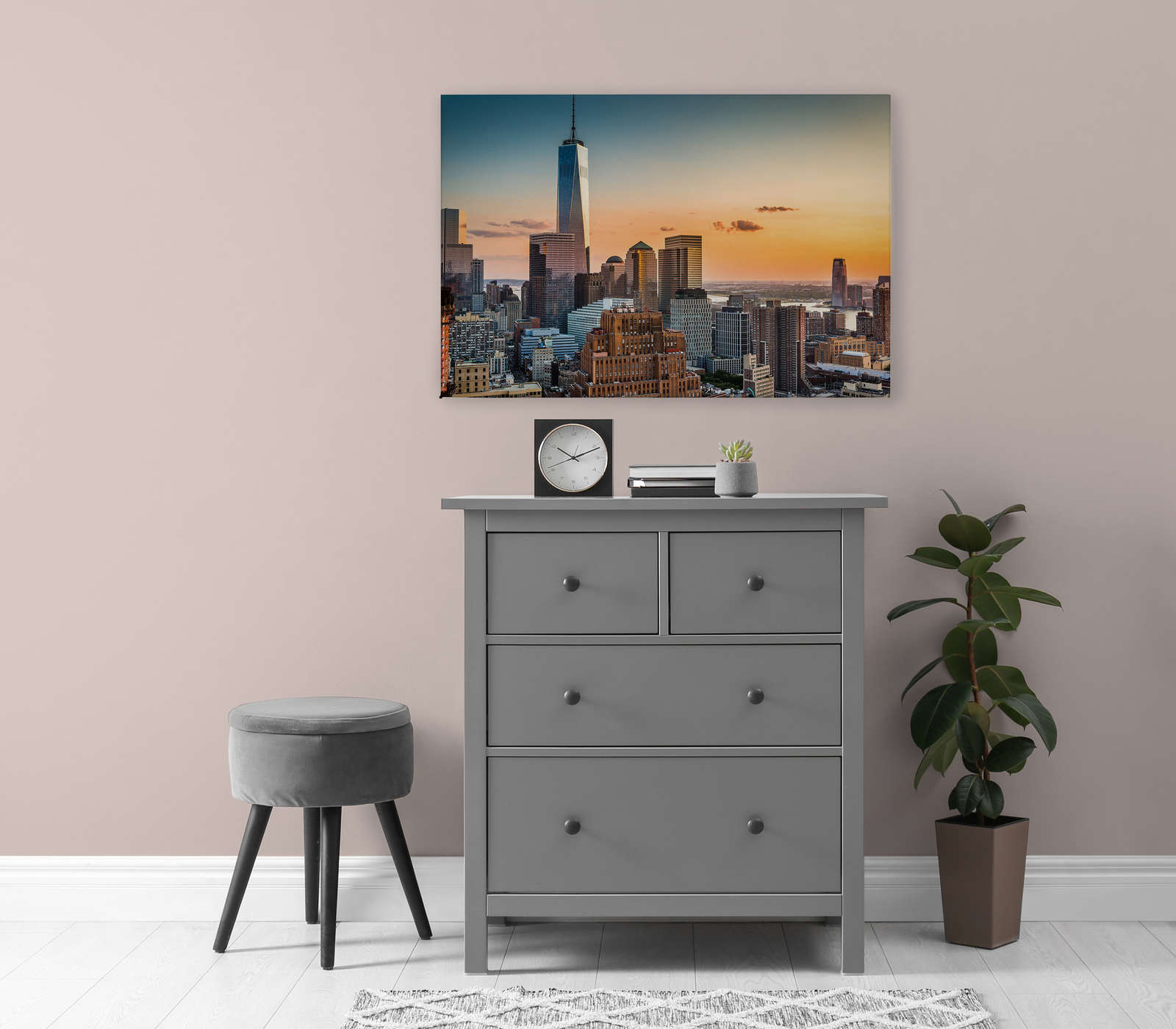             Canvas schilderij met Manhattan skyline bij zonsondergang - 0.90 m x 0.60 m
        
