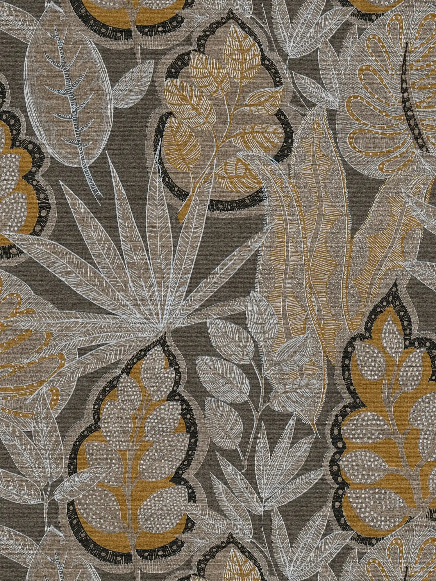 Floral wallpaper in graphic style with light structure, matt - brown, orange, white
