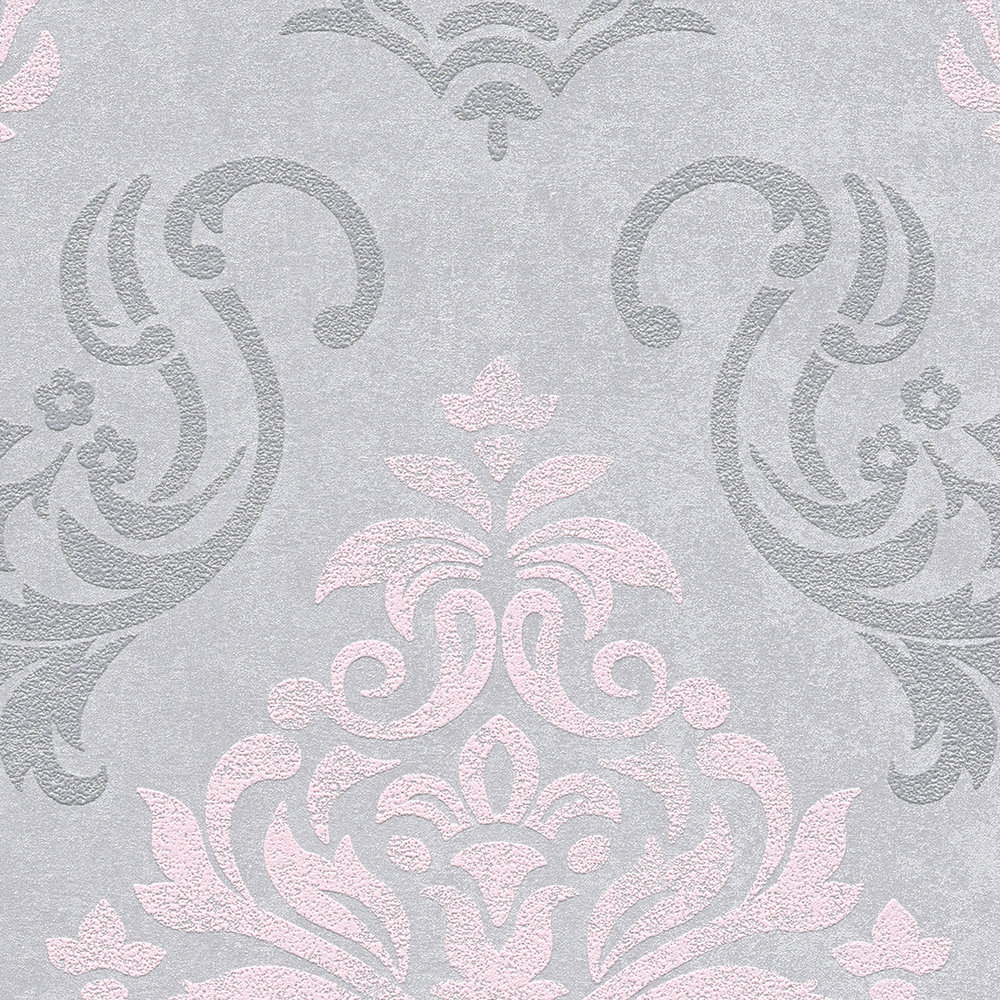             Papel pintado de adornos de estilo barroco con efecto de brillo - gris, metálico, rosa
        