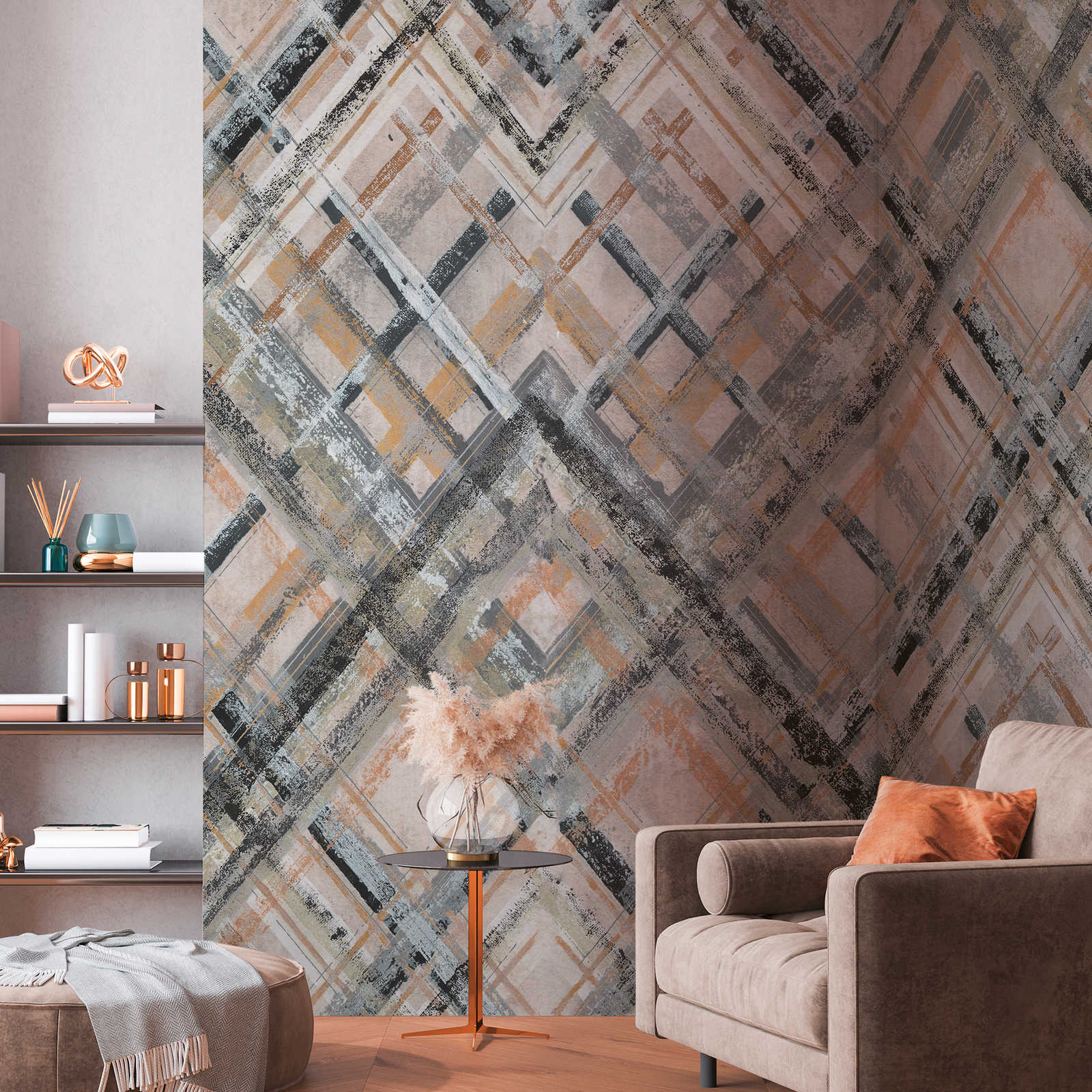 Abstract non-woven wallpaper with geometric pattern - grey, beige, blue-grey
