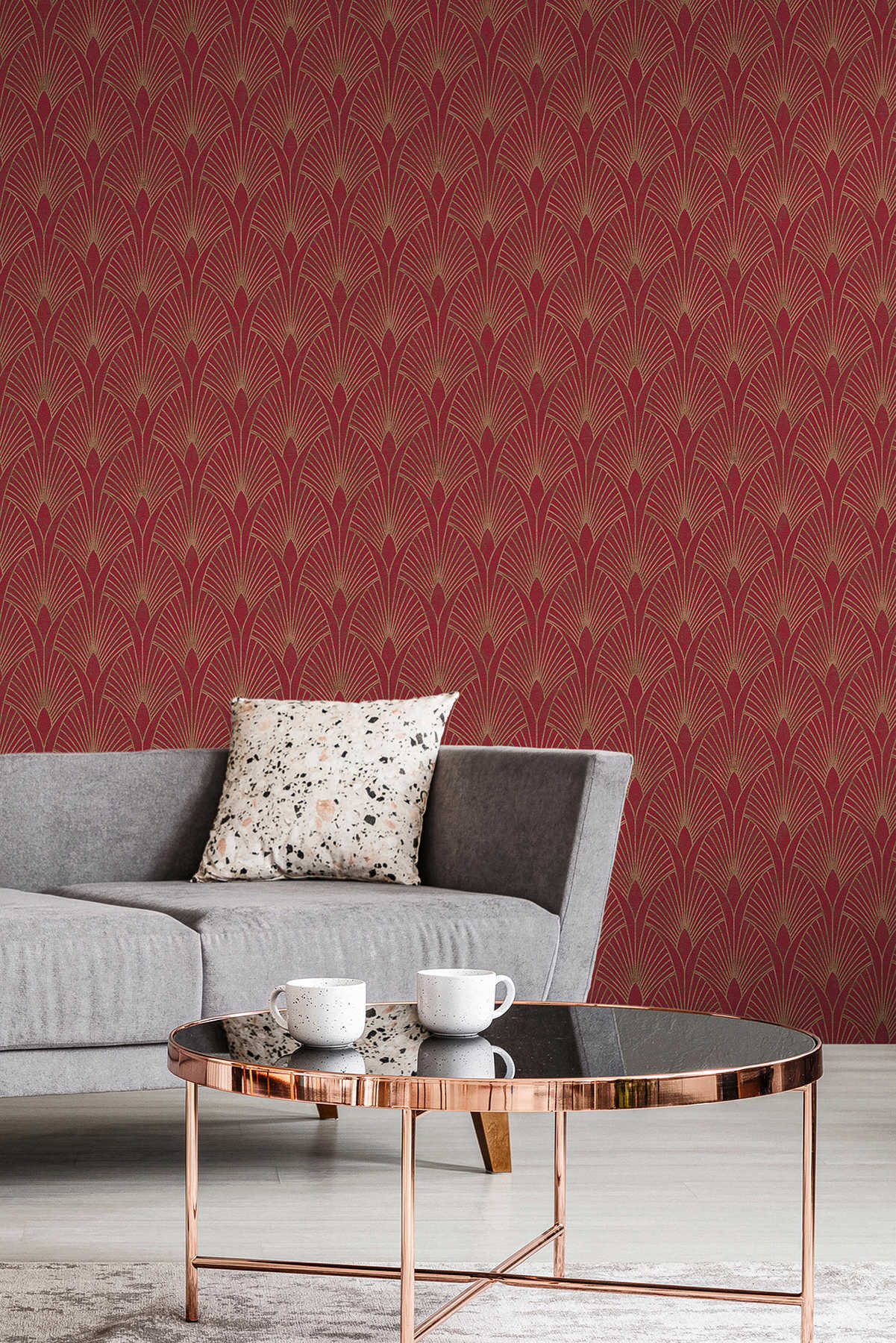             Art deco wallpaper golden retro pattern - red, gold
        