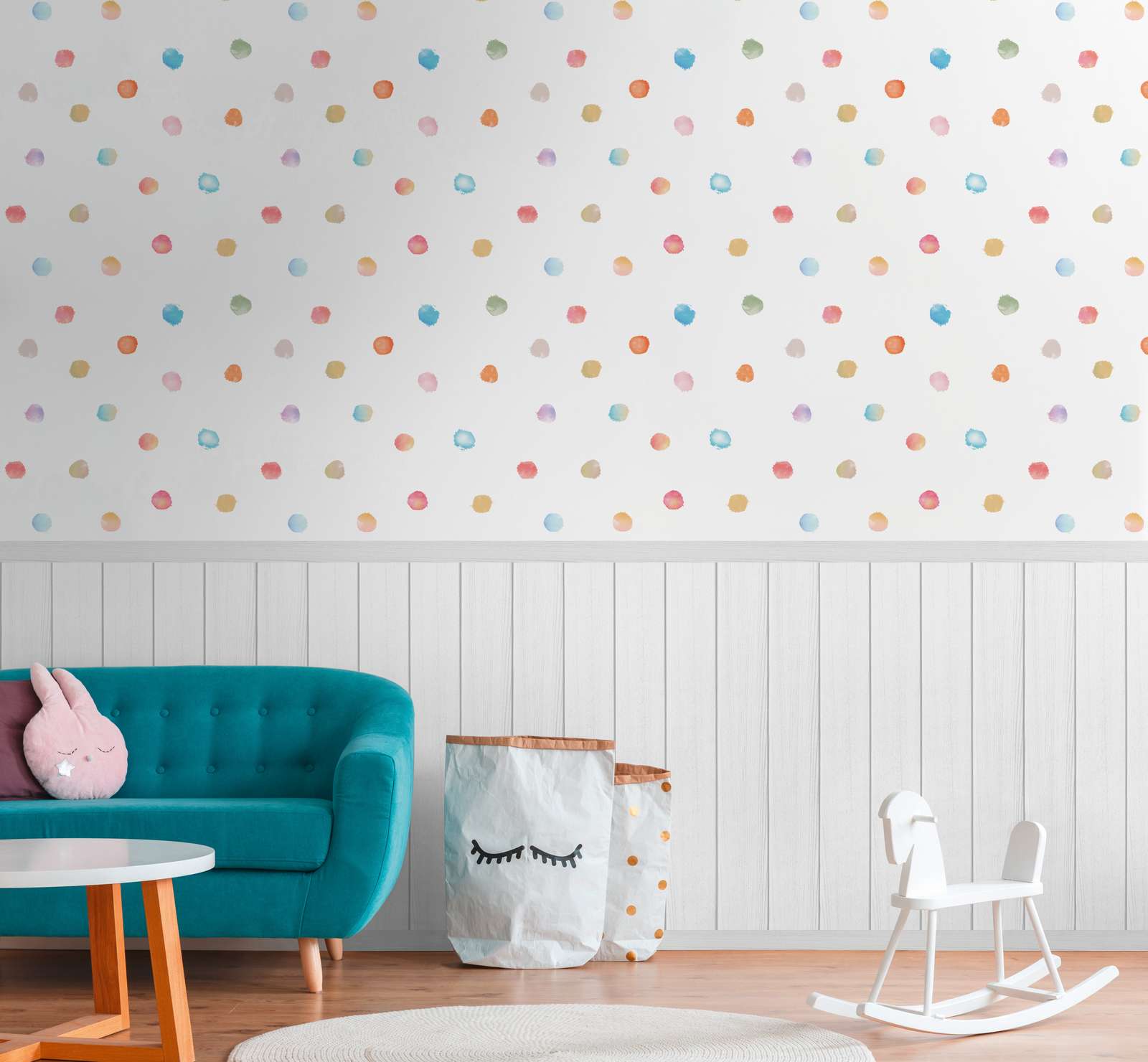             Non-woven motif wallpaper with wood-effect plinth border and dot pattern - white, grey, colourful
        