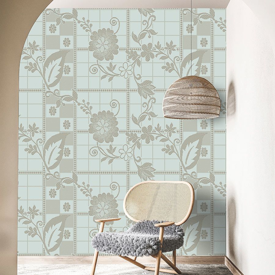 Photo wallpaper »valerie« - Small squares in pixel style with flowers - Light mint green | Matt, smooth non-woven fabric
