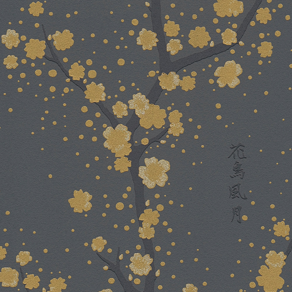             Papel pintado Cerezos en flor y ramas, personajes asiáticos - Negro, Oro
        
