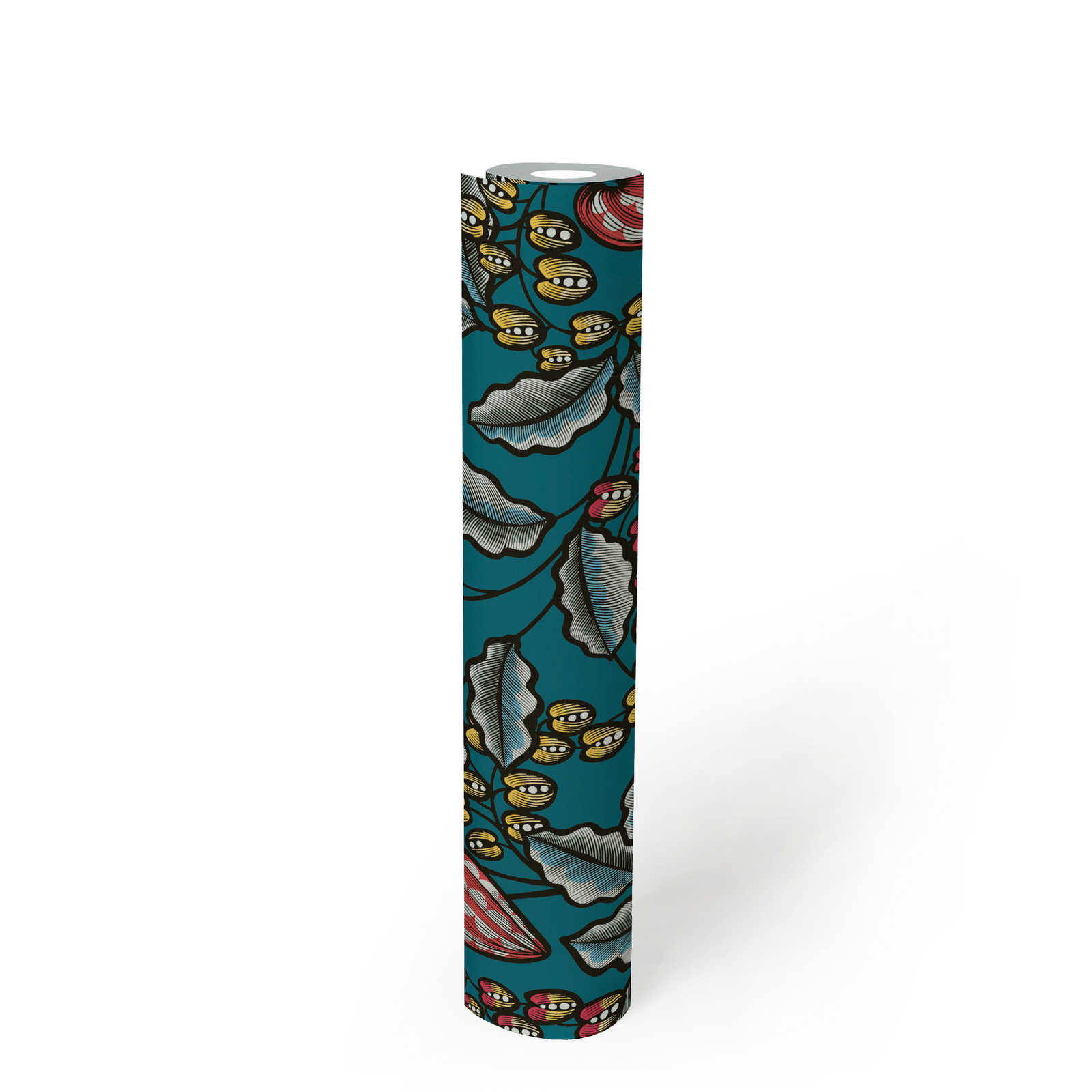             Floral wallpaper leaves & flowers in modern art style - blue, yellow, red
        