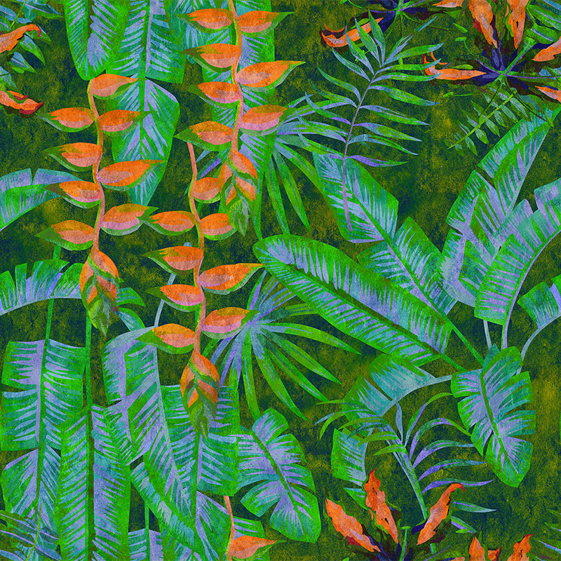 Tropicana 4 - Jungle wallpaper with bright colours - blotting paper structure - green, orange | pearl smooth fleece
