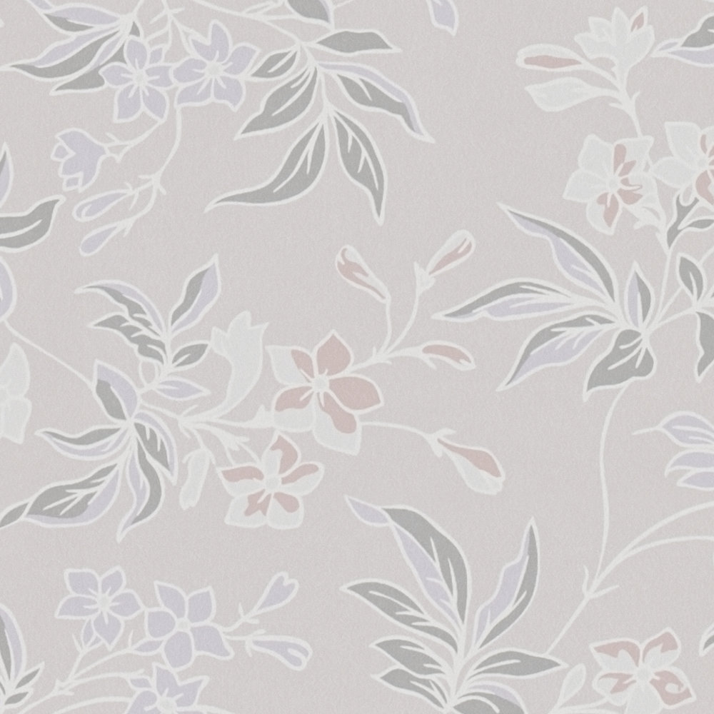             Engels vliesbehang met bloemenmotief - crème, roze, paars
        