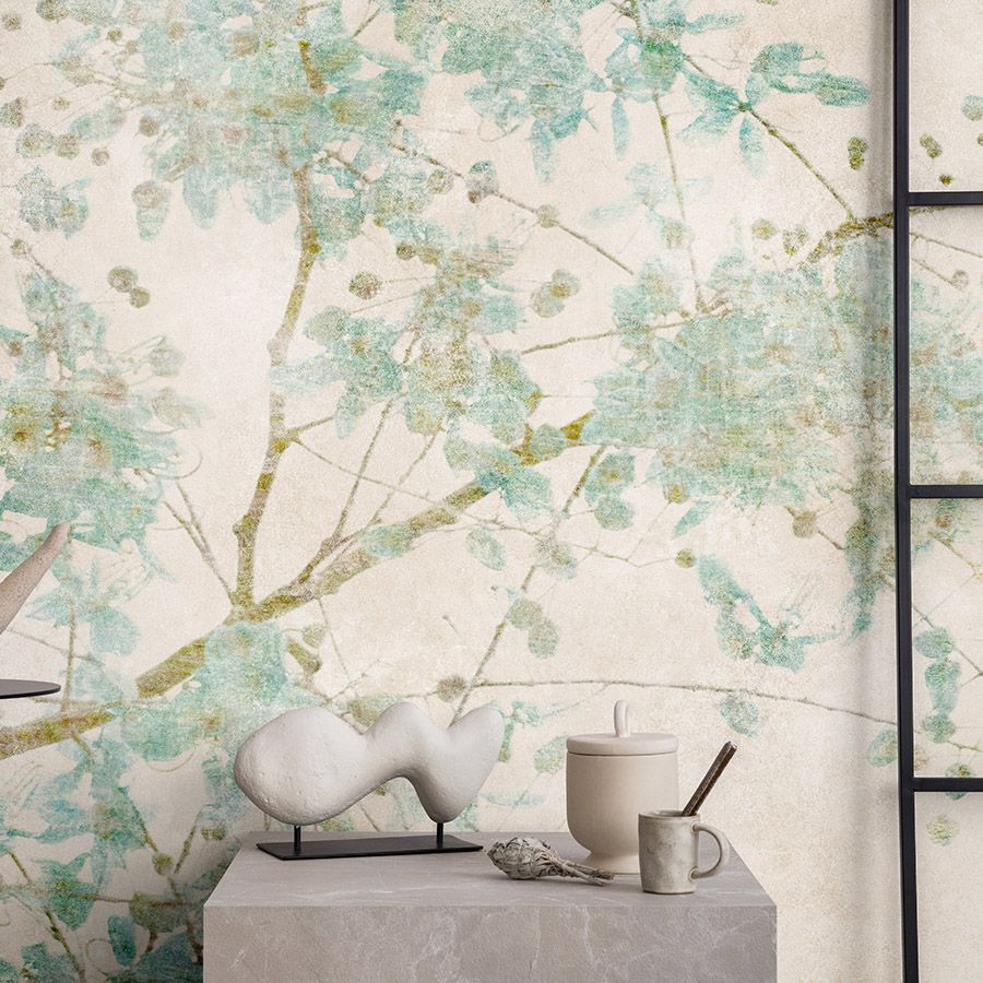Photo wallpaper »nikko« - Branches in pale colours with vintage plaster texture in the background - Smooth, slightly shiny premium non-woven fabric
