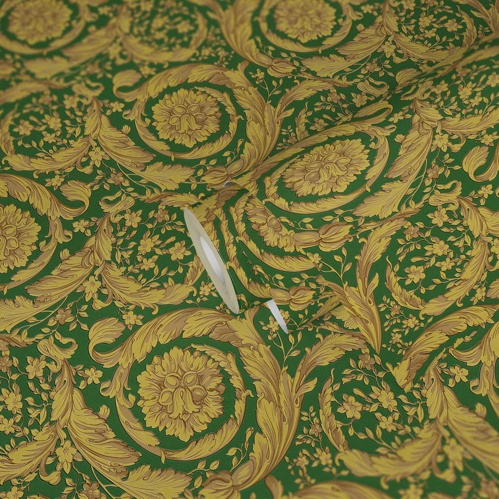             VERSACE wallpaper ornamental floral pattern - green, metallic, yellow
        
