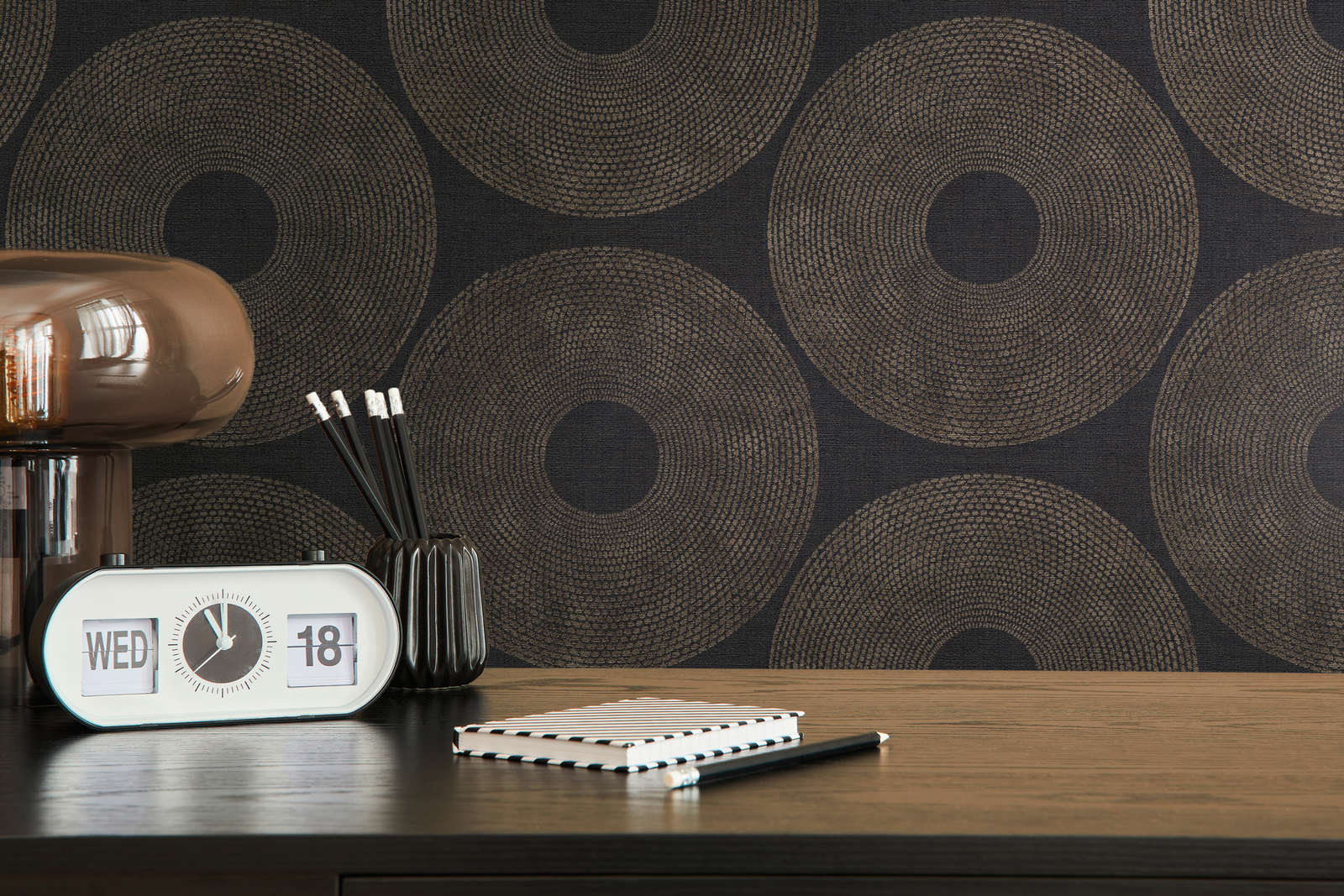             Ethno wallpaper circles with structure design - grey, brown
        