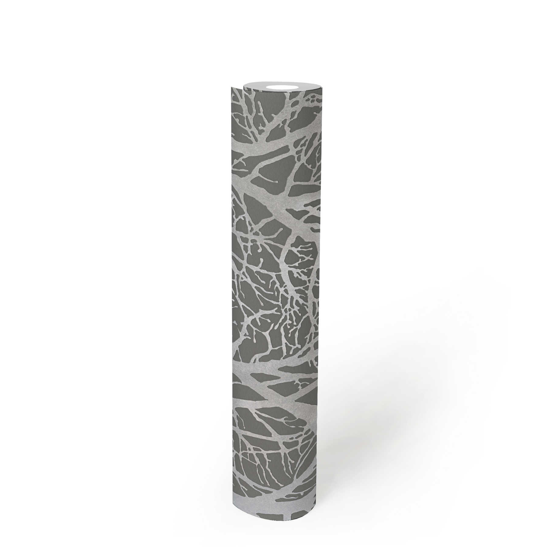             Antraciet behang met takmotief & metallic effect - zilver, grijs
        