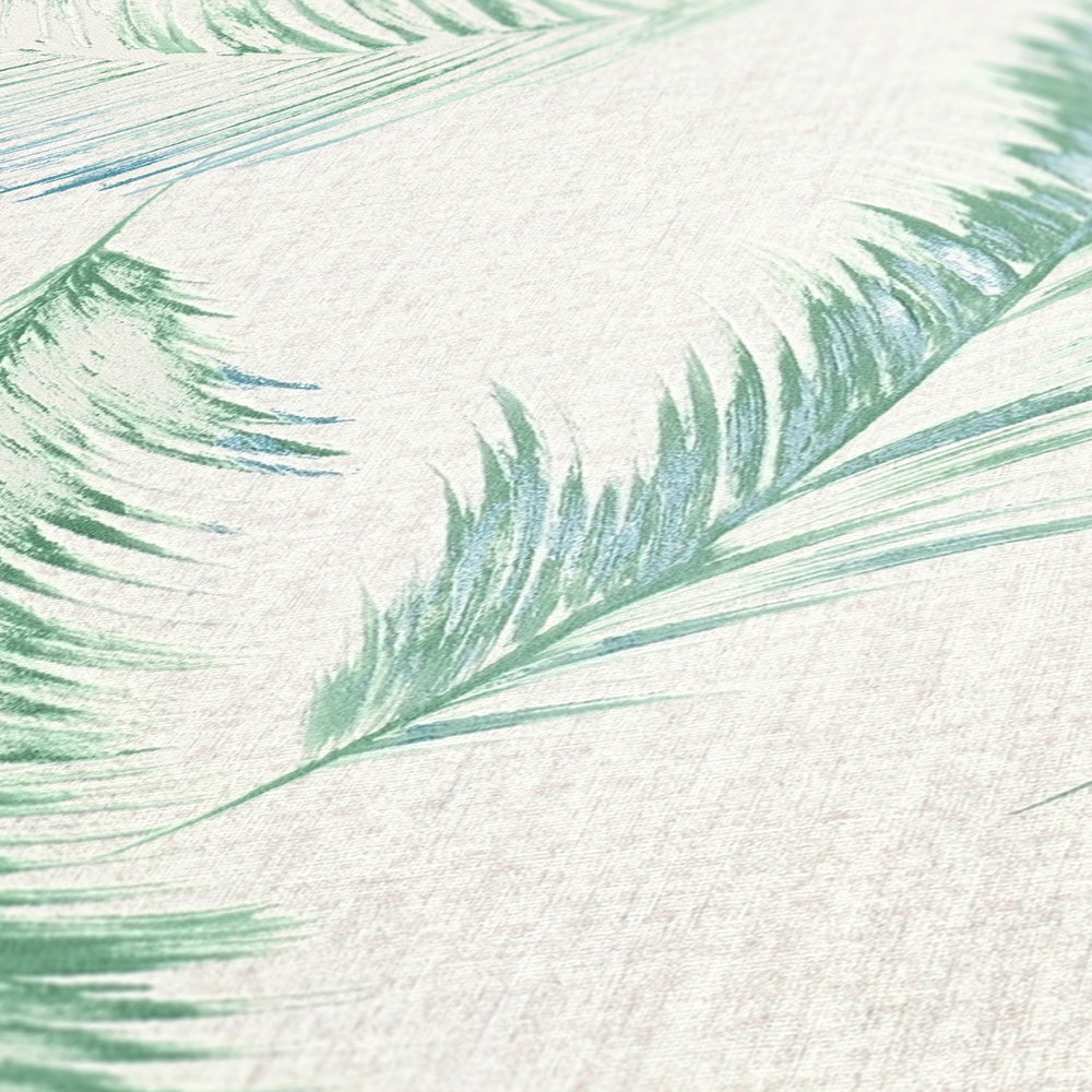             Papel pintado no tejido con diseño de plumas en estilo acuarela - azul, verde
        