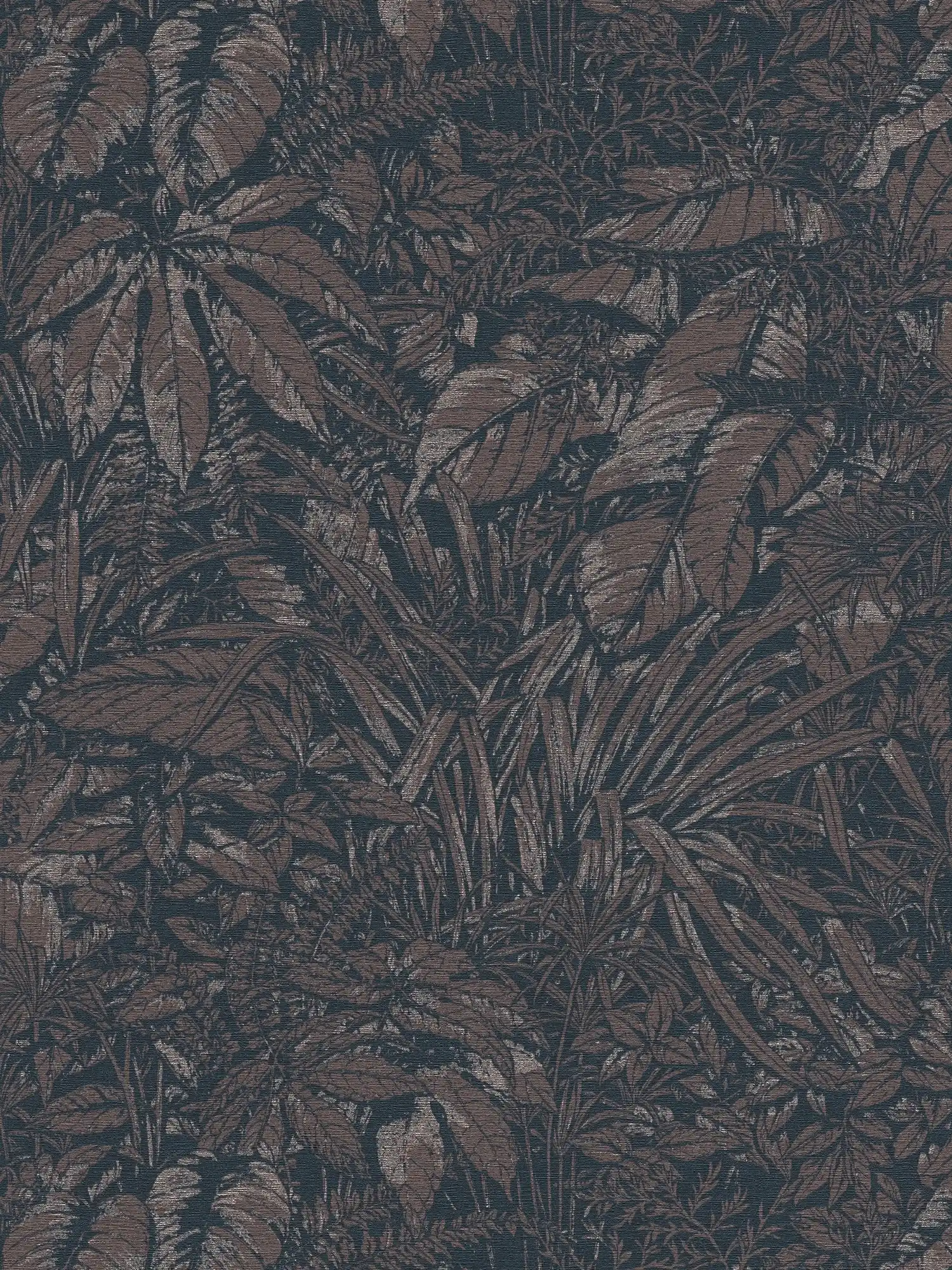 papier peint en papier jungle légèrement brillant avec motif de feuilles - marron, noir, argenté
