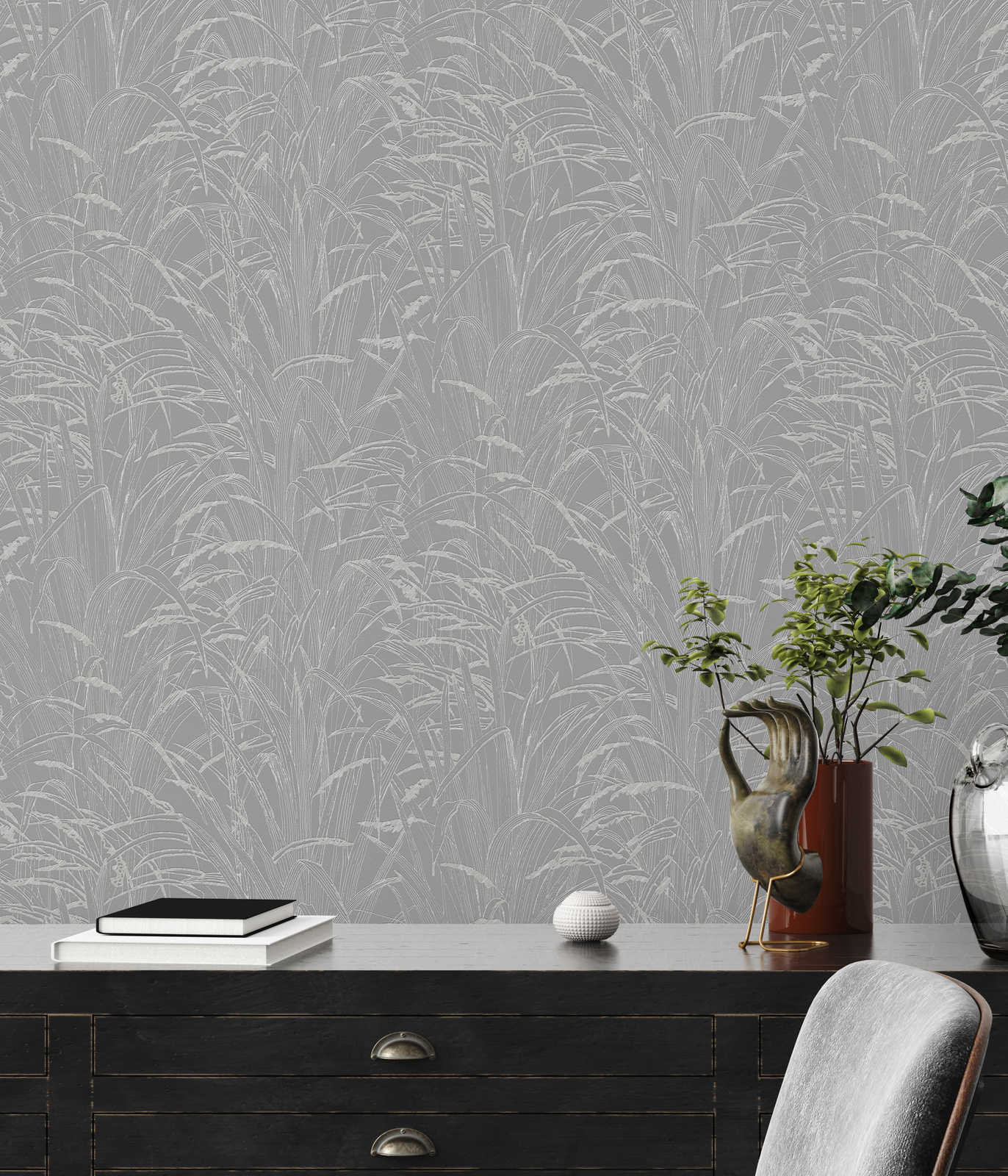             Nature wallpaper reed leaf with metallic colour - grey
        