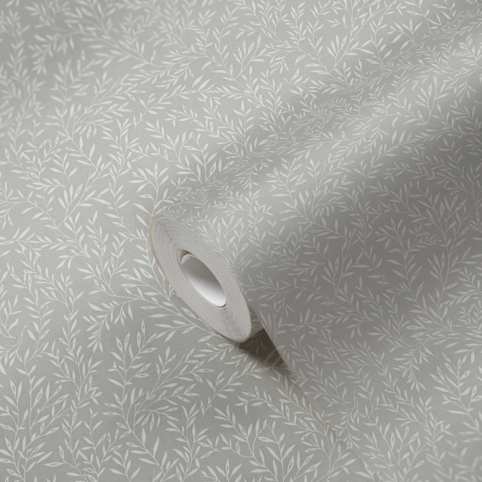             Papel pintado con zarcillos de hojas en estilo campestre - gris, blanco
        