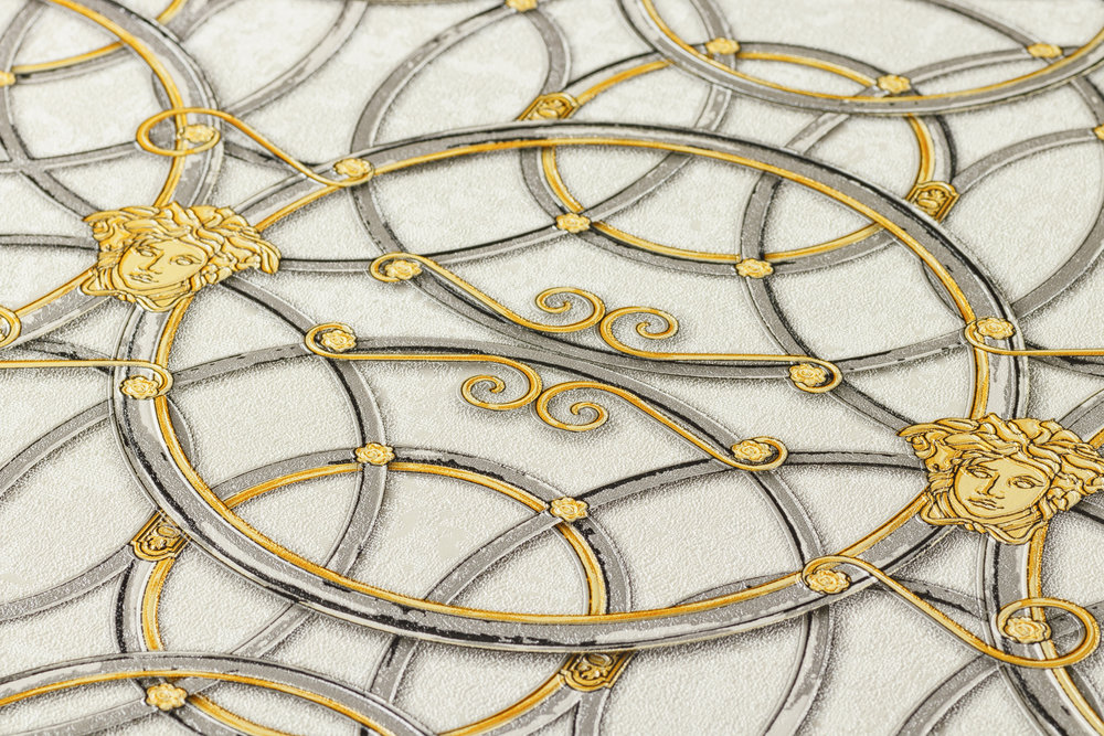             VERSACE Home behang cirkelpatroon en Medusa - goud, zilver, wit
        