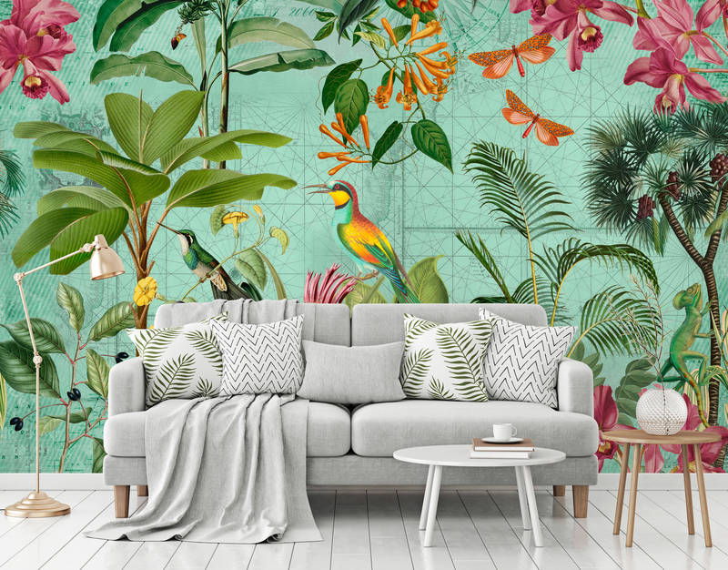             Papier peint panoramique jungle coloré avec arbres, fleurs & animaux
        