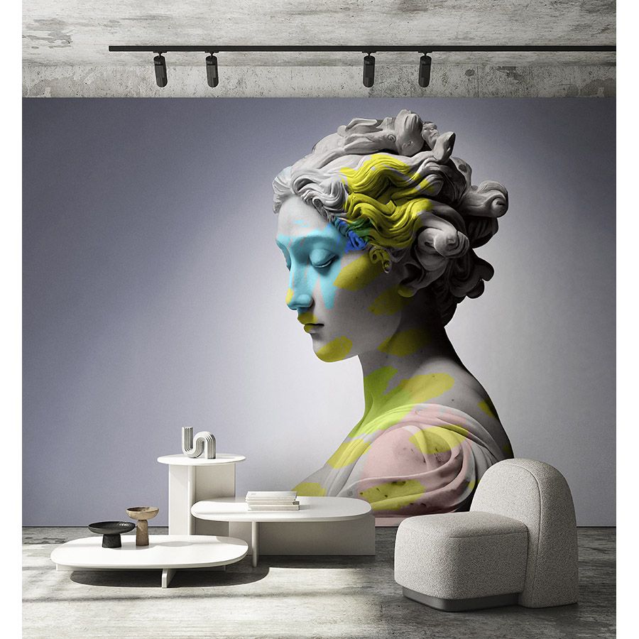 Photo wallpaper »clio« - female sculpture with colourful accents - matt, smooth non-woven fabric
