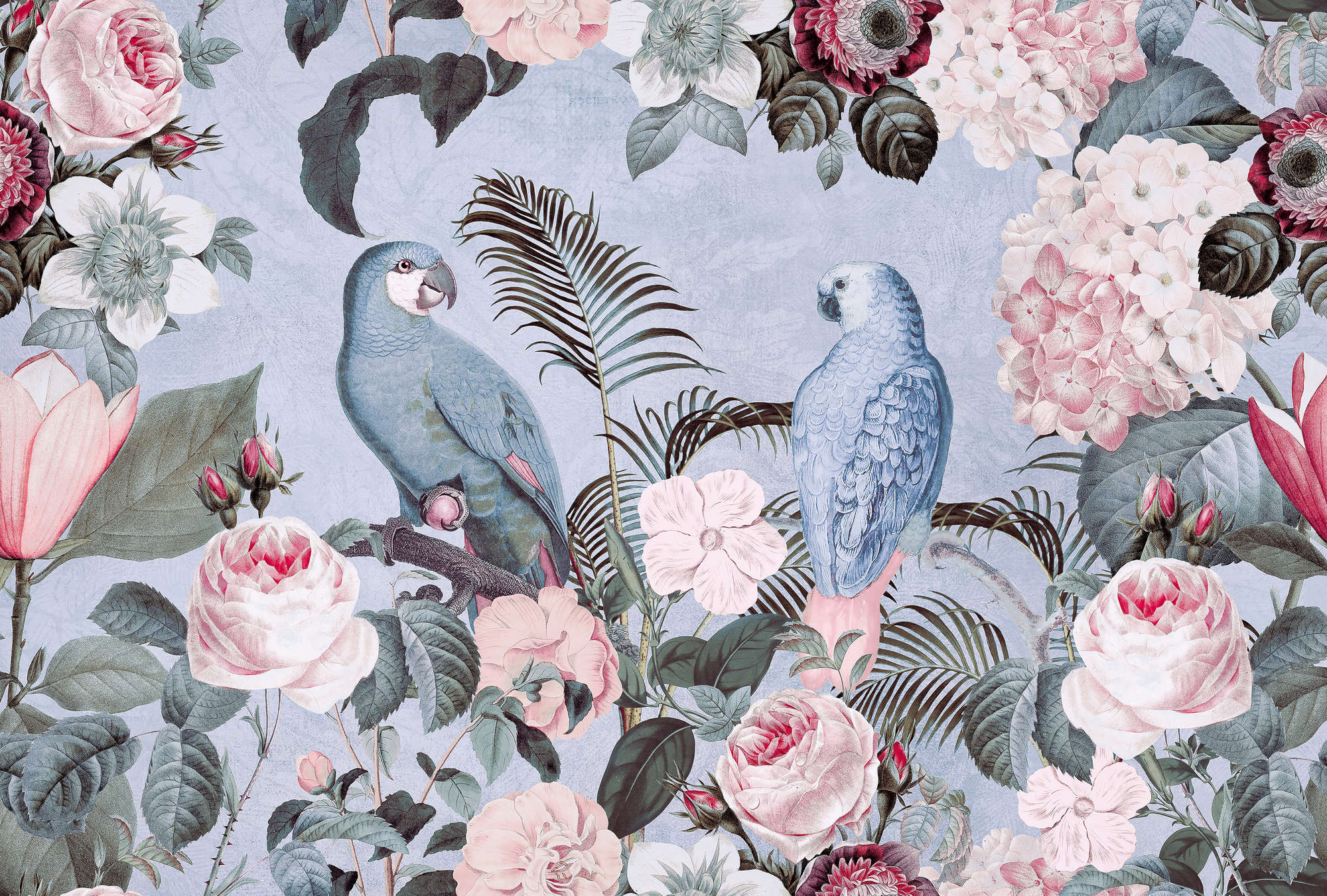             Carta da parati Parrot Rendezvous con disegno floreale - Blu
        