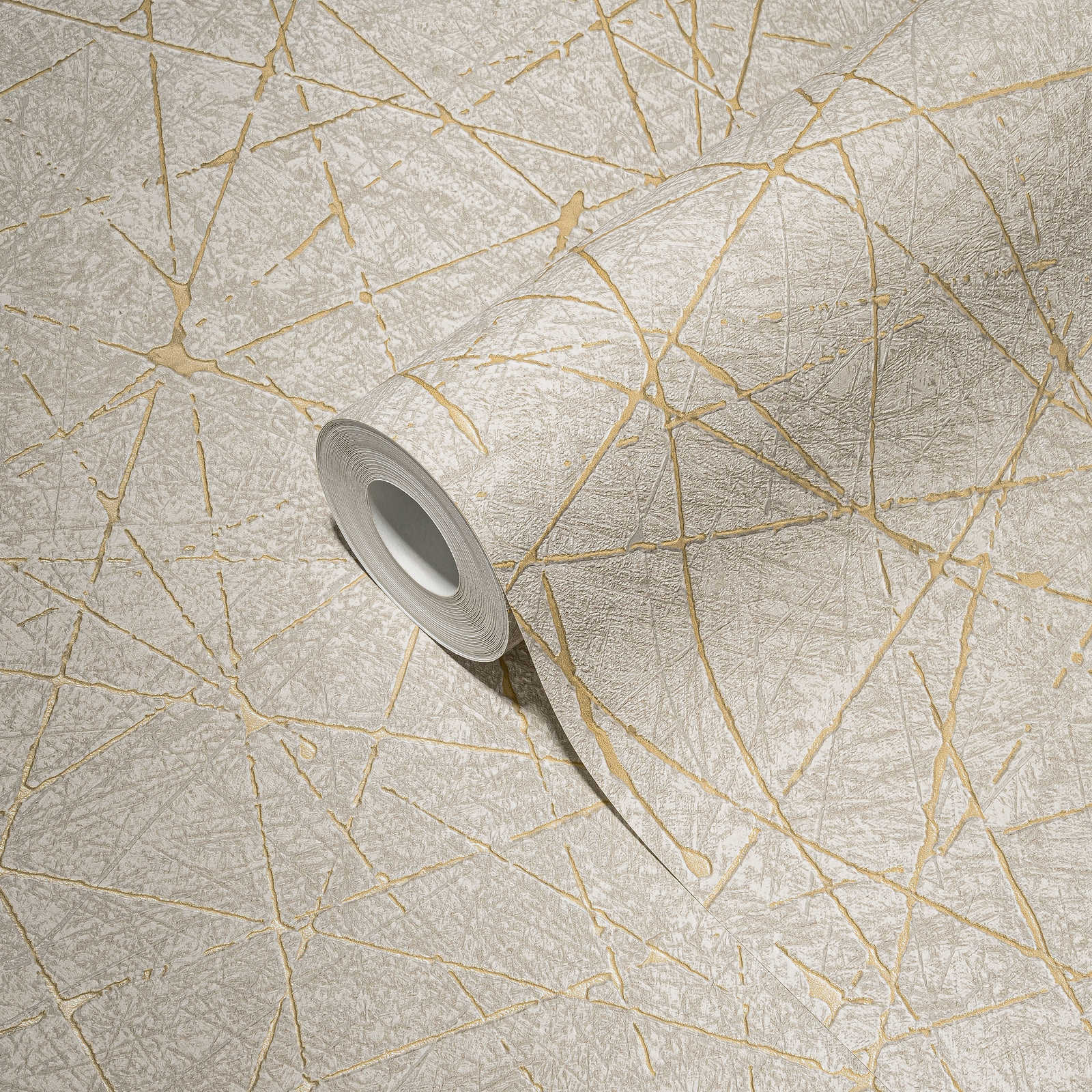             Non-woven wallpaper with graphic lines & metallic effect - cream, grey, gold
        