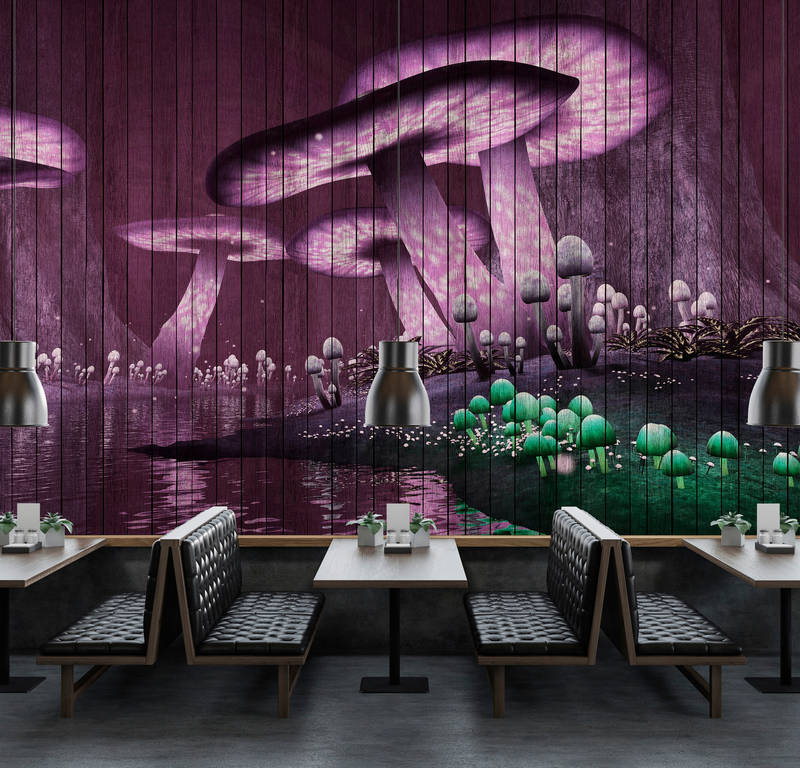             Fantasy 2 - Papier peint forêt magique avec structure en panneaux de bois - vert, violet | structure intissé
        
