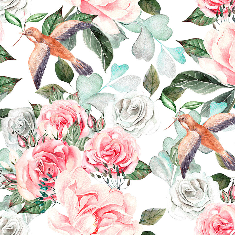 Carta da parati vintage con fiori e uccelli - Colorata, rosa, verde
