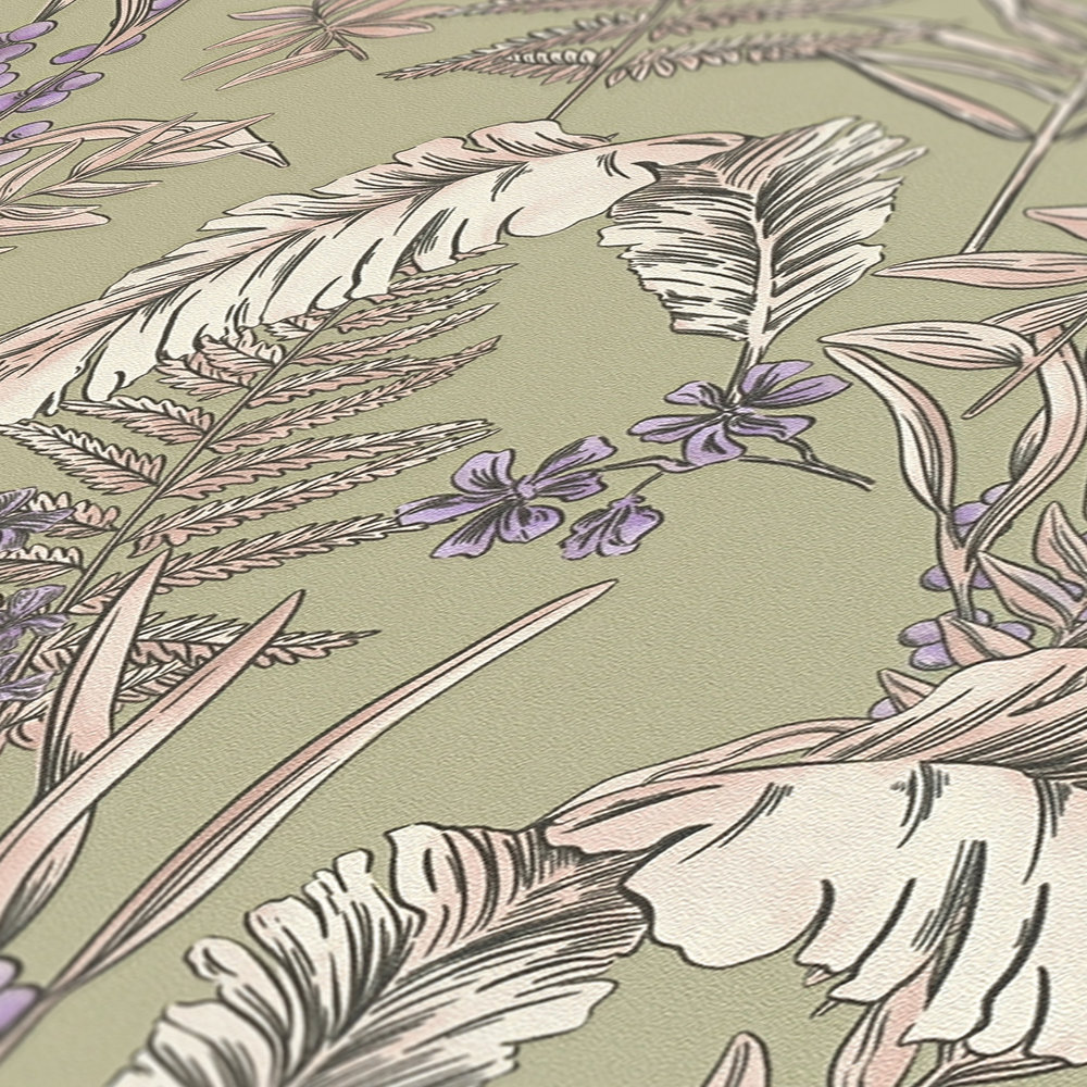             Modern floral style wallpaper with leaves & flowers textured - grey, cream, purple
        