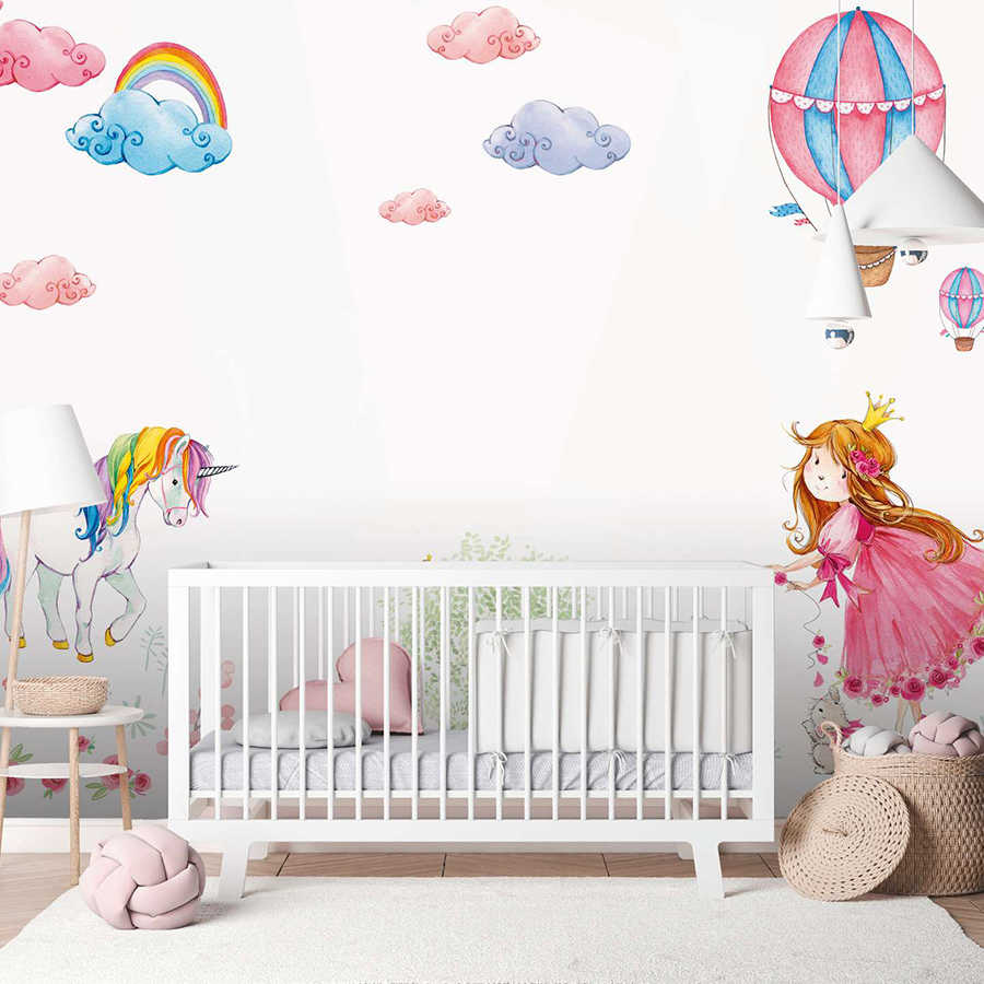 Papier peint panoramique chambre d'enfant avec princesse et licorne - rose, multicolore, blanc
