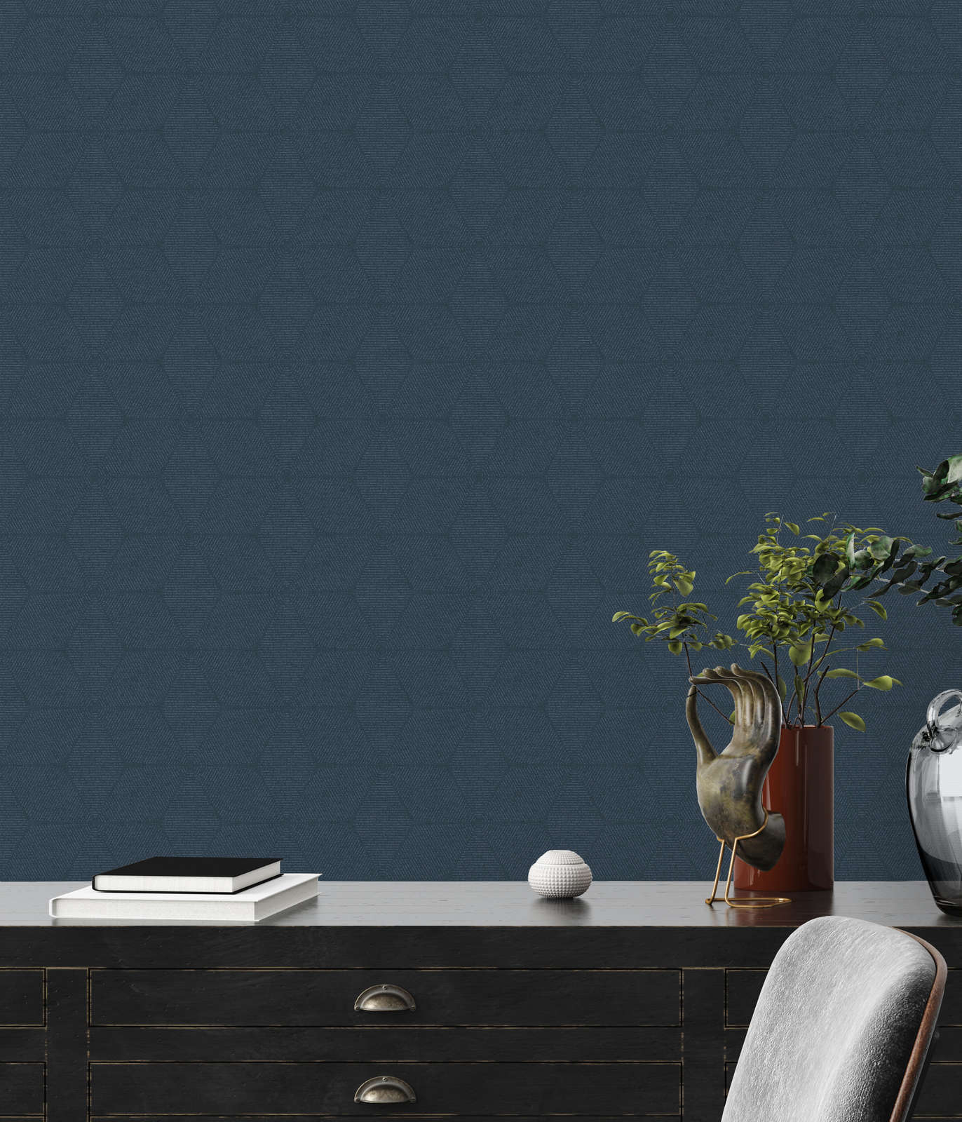             Non-woven wallpaper in a floral, monochrome pattern - blue
        