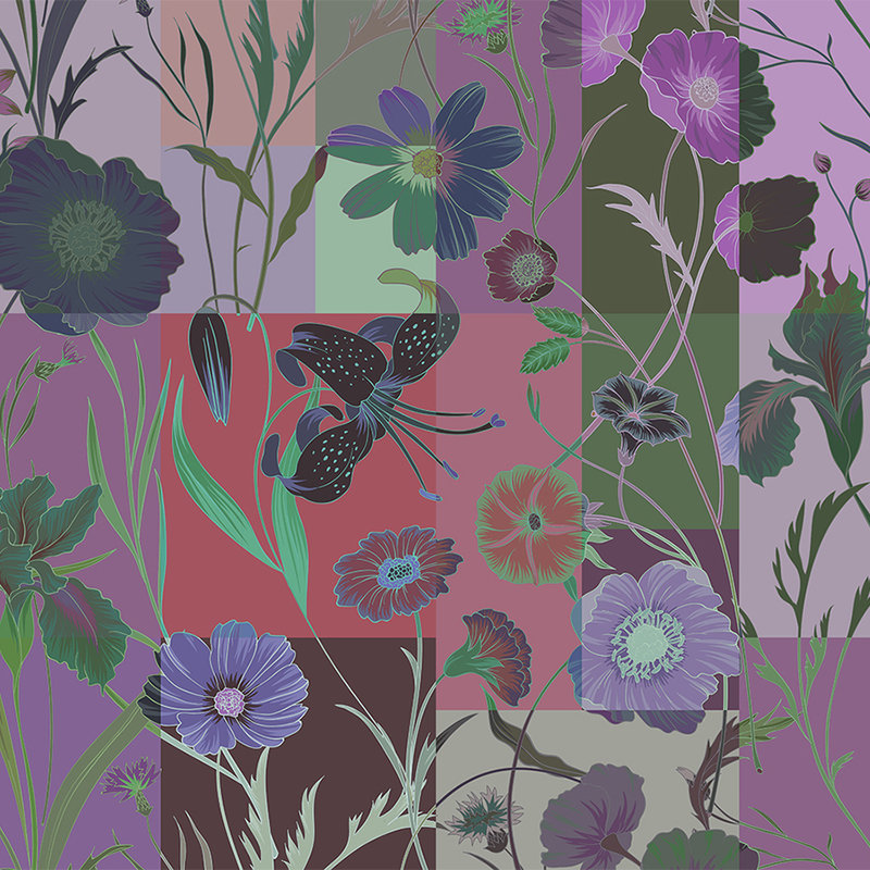 Floral patch 1 - Bont gebloemd patchwork behang - Groen, Rood | Pearl smooth fleece
