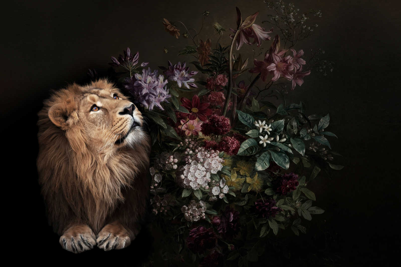             Canvas schilderij Leeuw portret met bloemen - 0,90 m x 0,60 m
        
