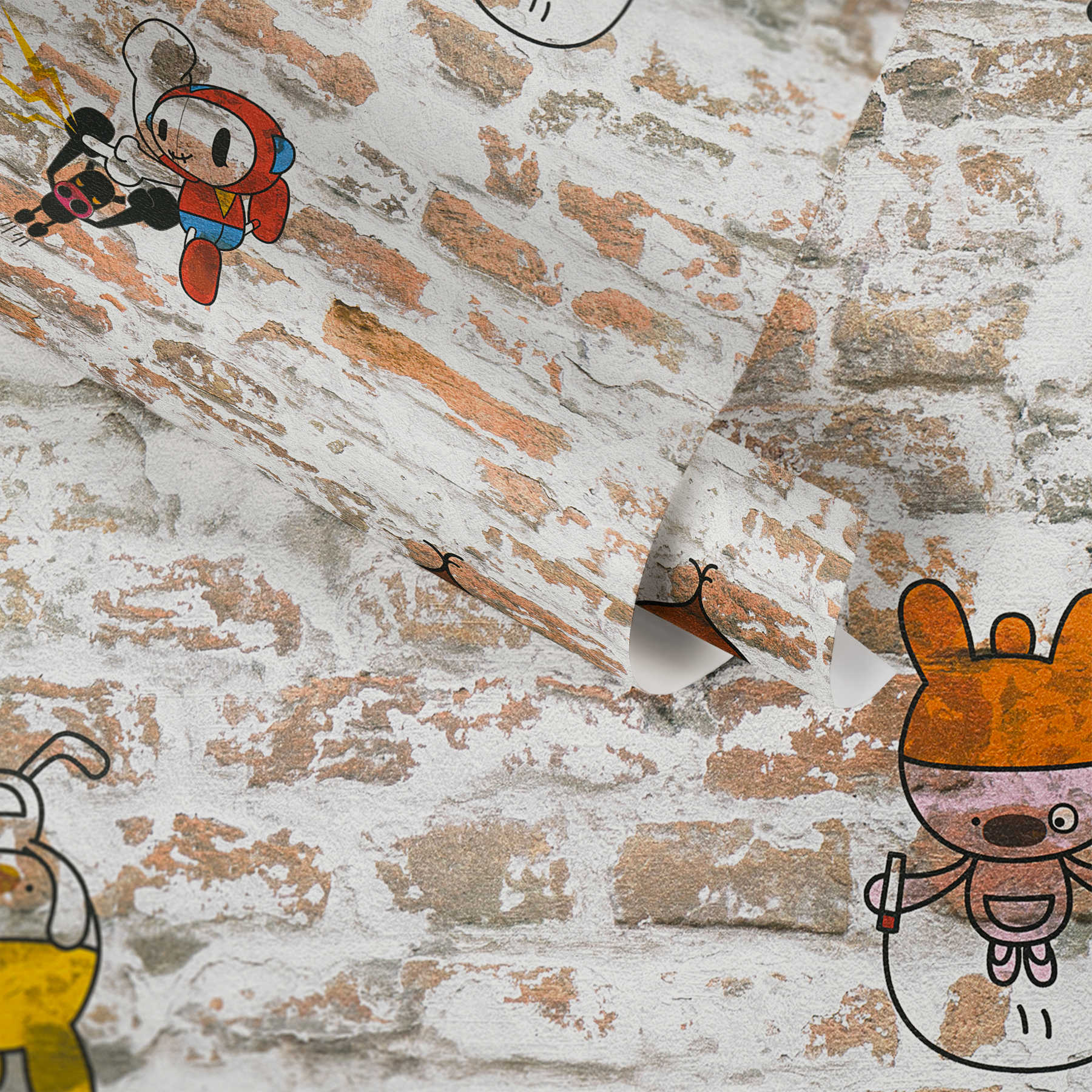             Papier behang muur optiek met stripfiguren - bruin, beige
        